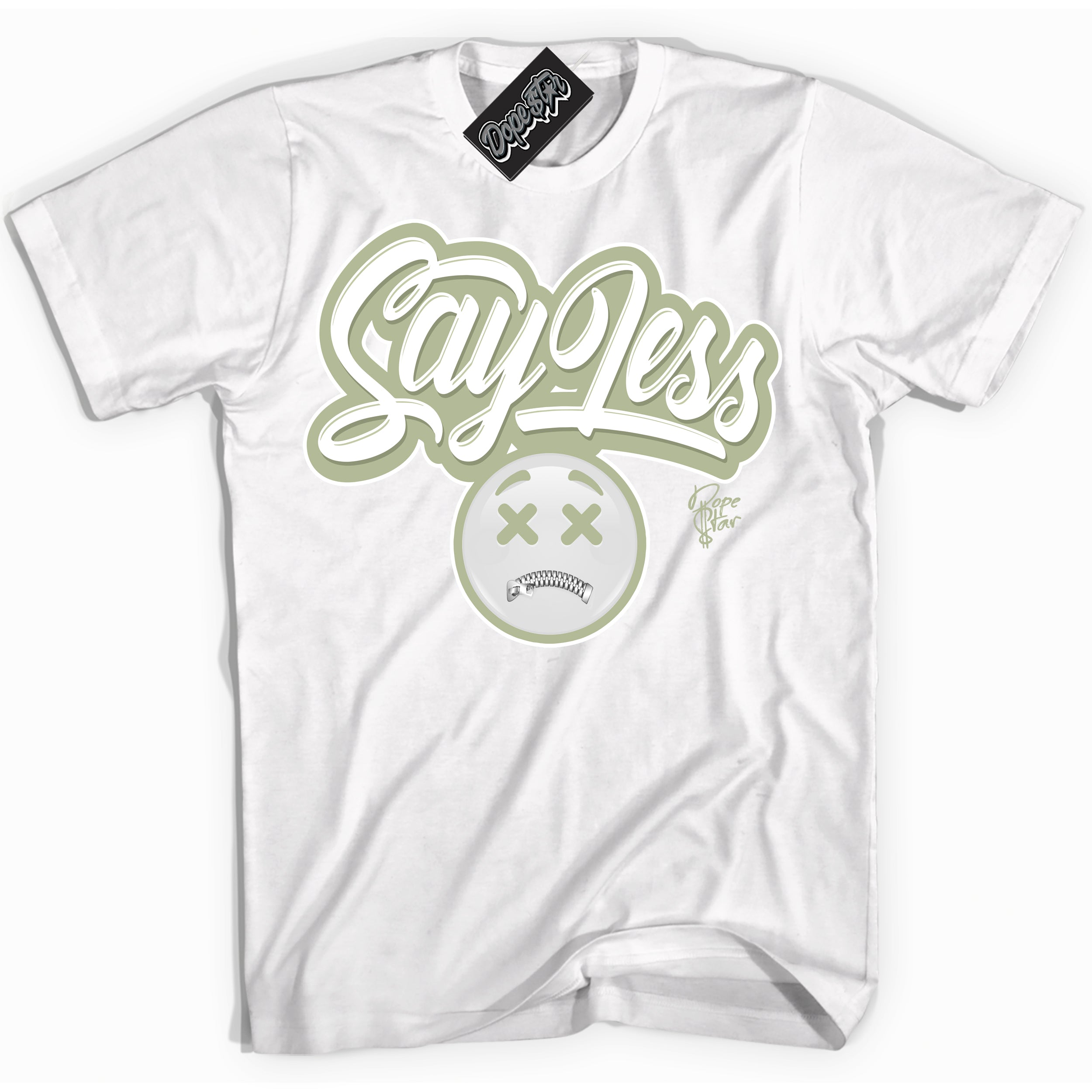 Cool White Shirt with “ Say Less ” design that perfectly matches Next Nature Olive Aura Dunks.
