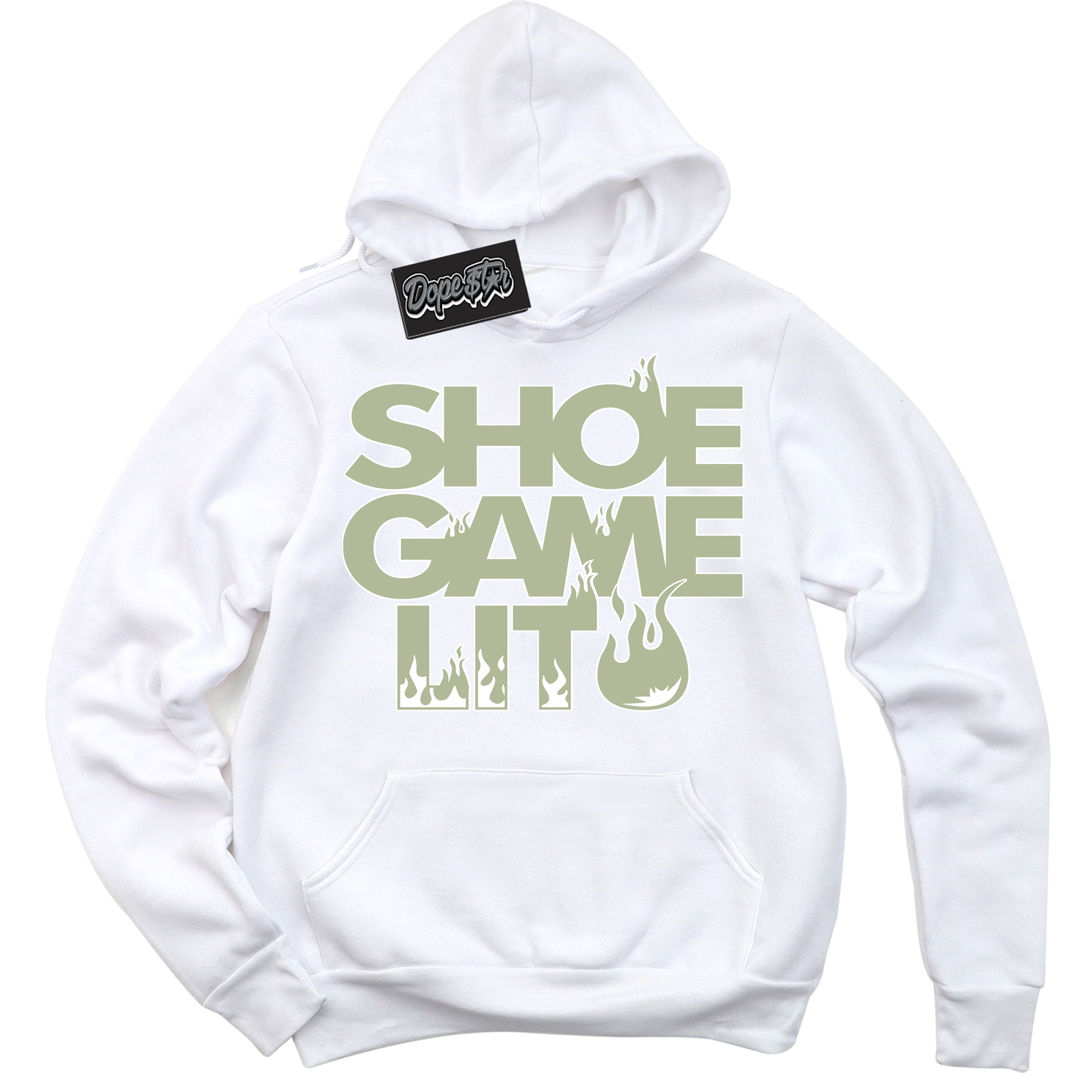 Cool White Hoodie with “ Shoe Game Lit ”  design that Perfectly Matches Next Nature Olive Aura Dunks.
