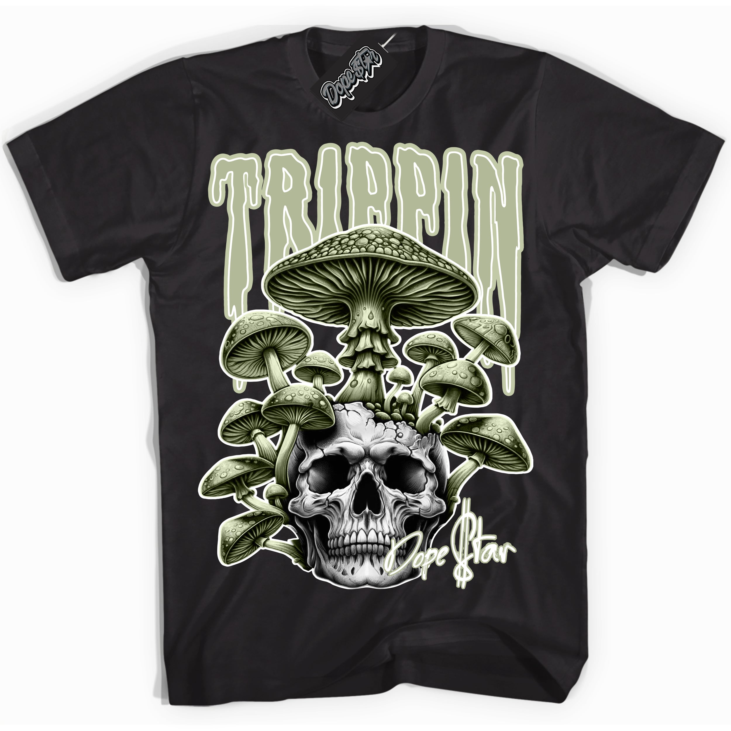 Cool Black Shirt with “Trippin” design that perfectly matches the Next Nature Olive Aura Dunk Sneakers.