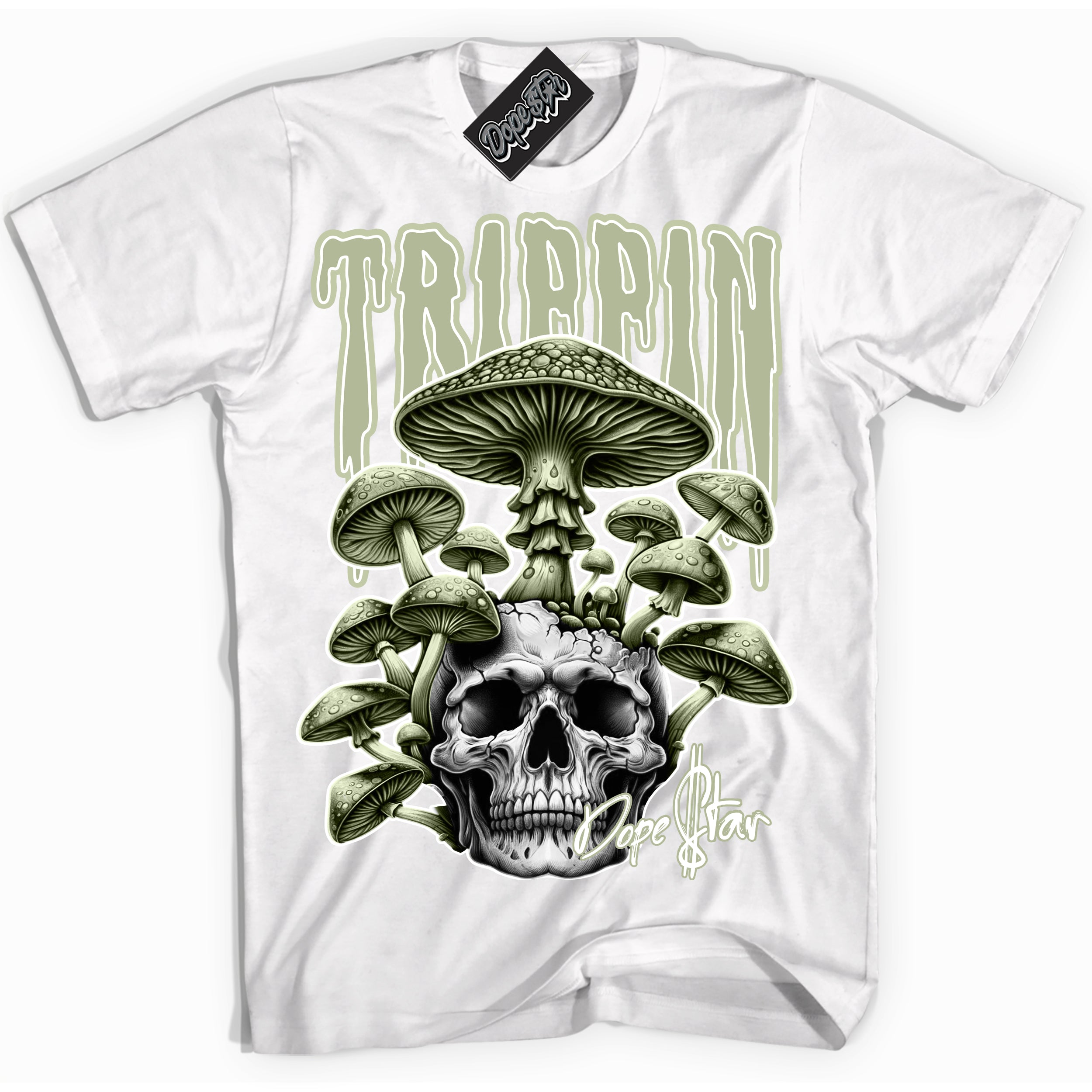 Cool White Shirt with “Trippin” design that perfectly matches the Next Nature Olive Aura Dunk Sneakers.