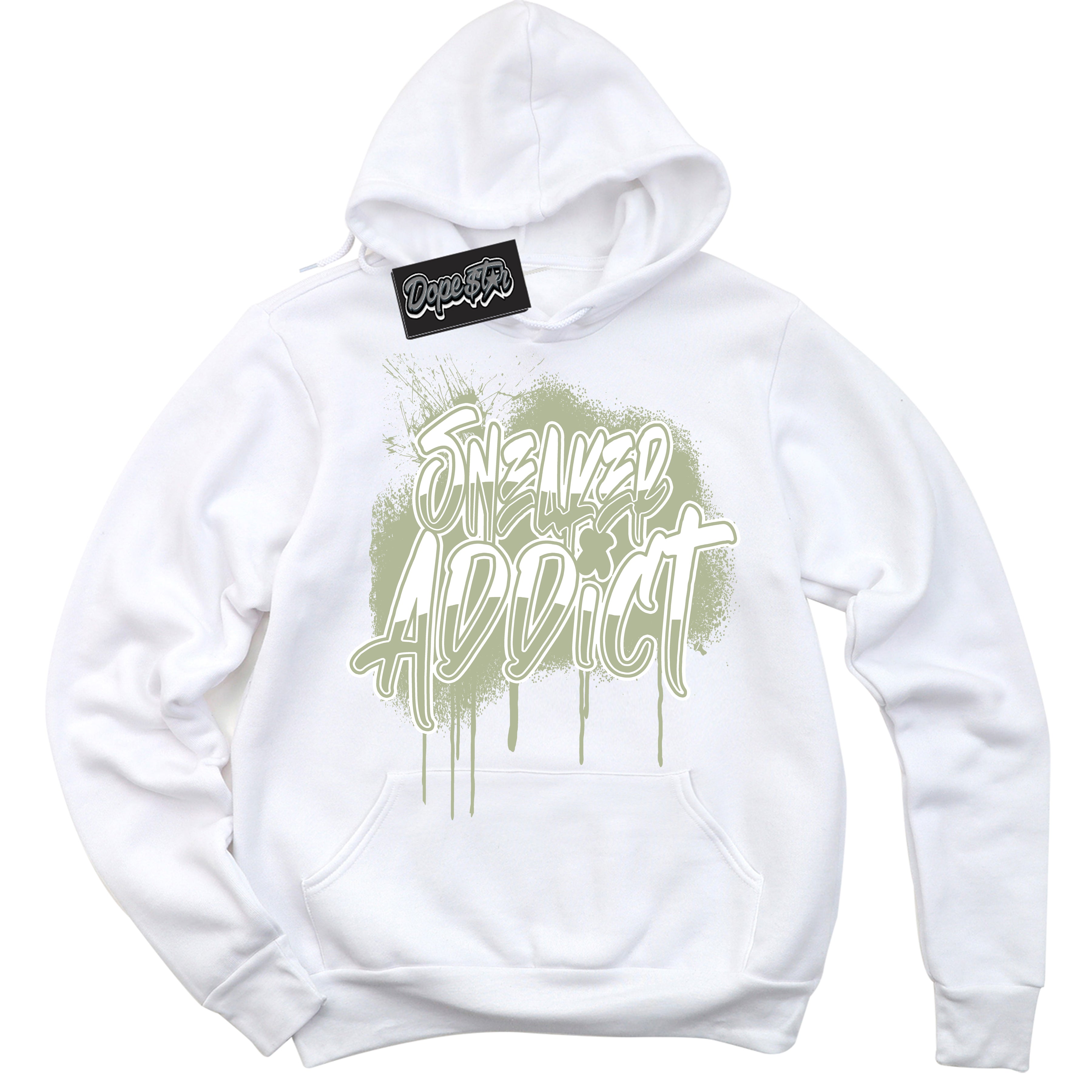 Cool White Hoodie with “ Sneaker Addict ”  design that Perfectly Matches Next Nature Olive Aura Dunks.
