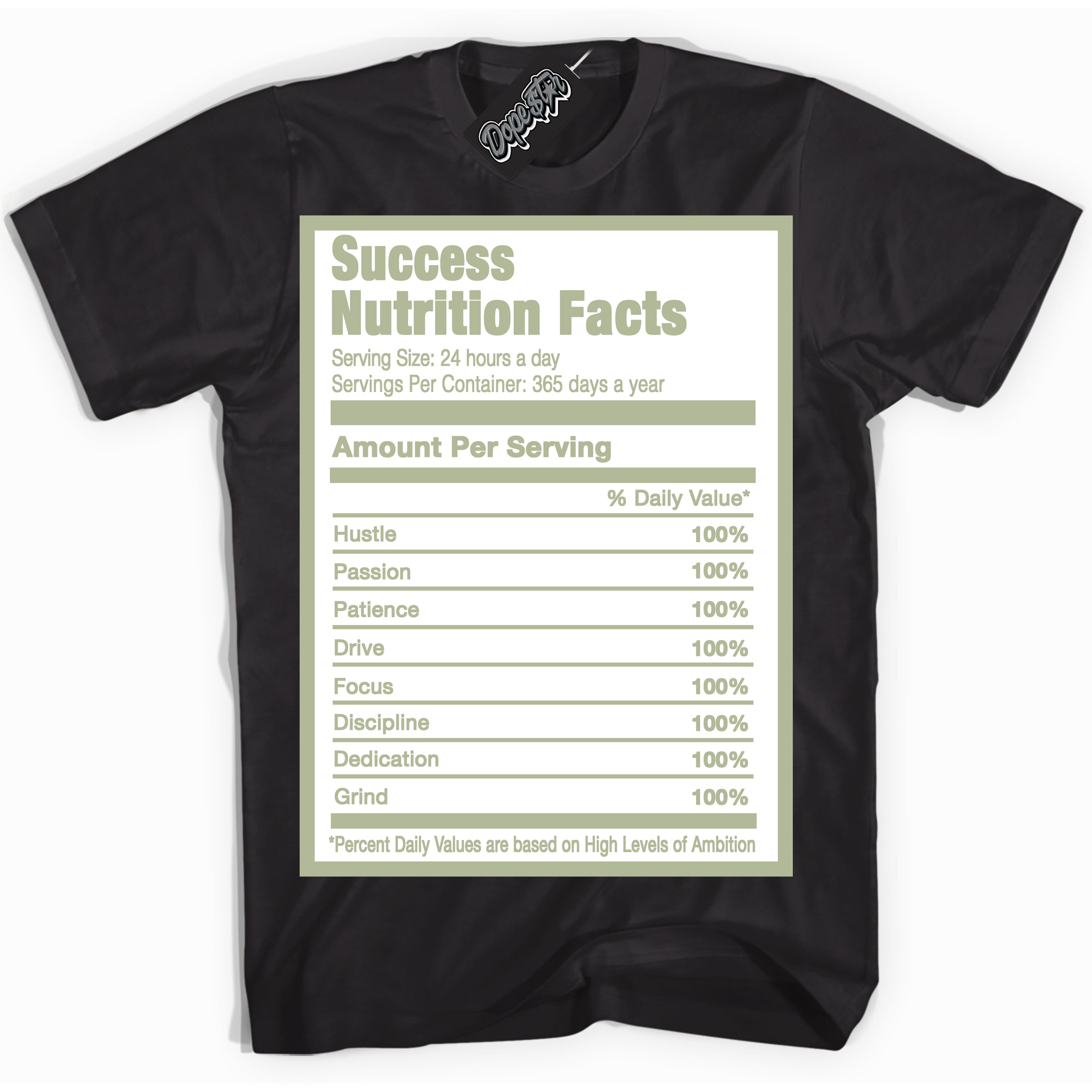 Cool Black Shirt with “ Success Nutrition ” design that perfectly matches Next Nature Olive Aura Dunks.
