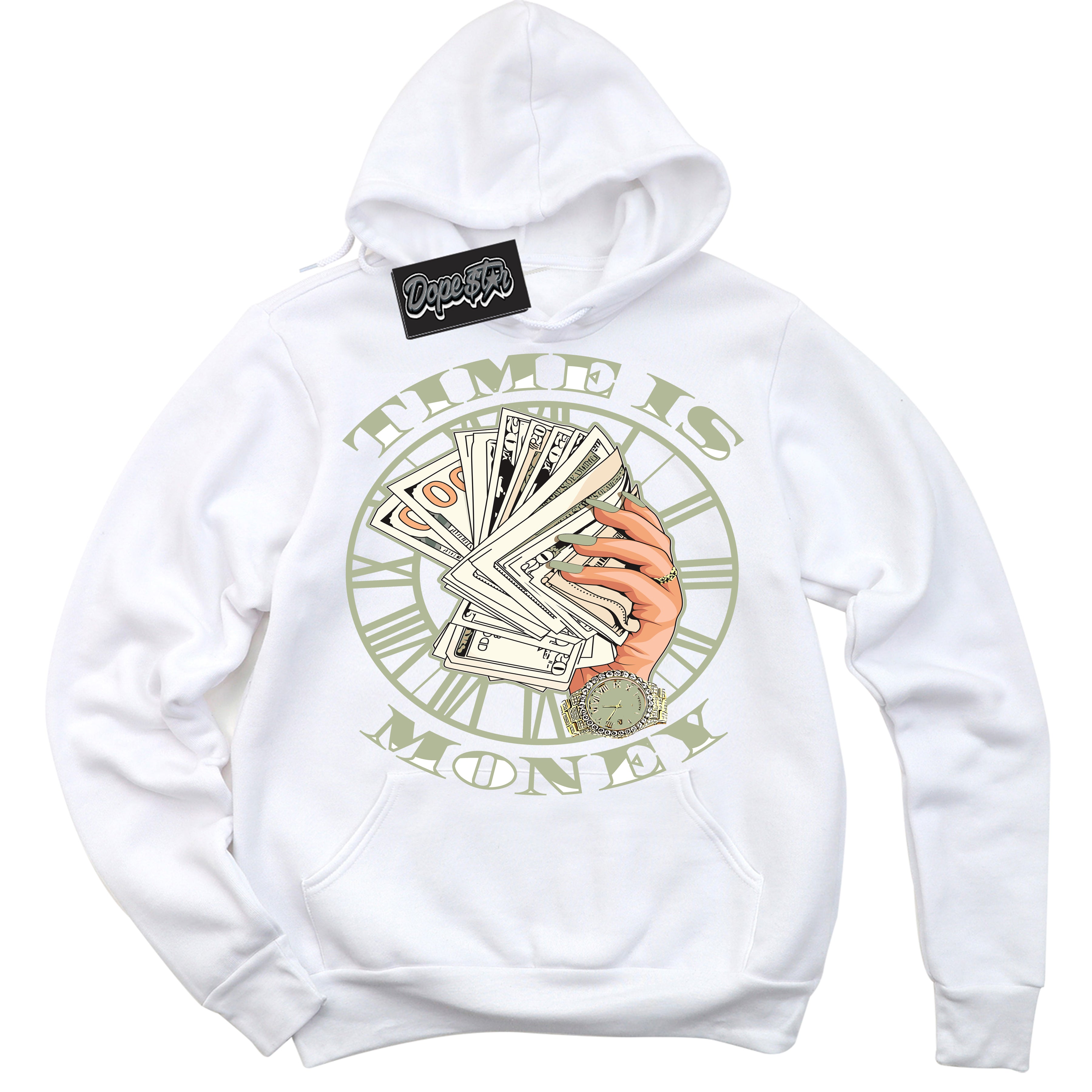 Cool White Hoodie with “ Time Is Money ”  design that Perfectly Matches Next Nature Olive Aura Dunks.
