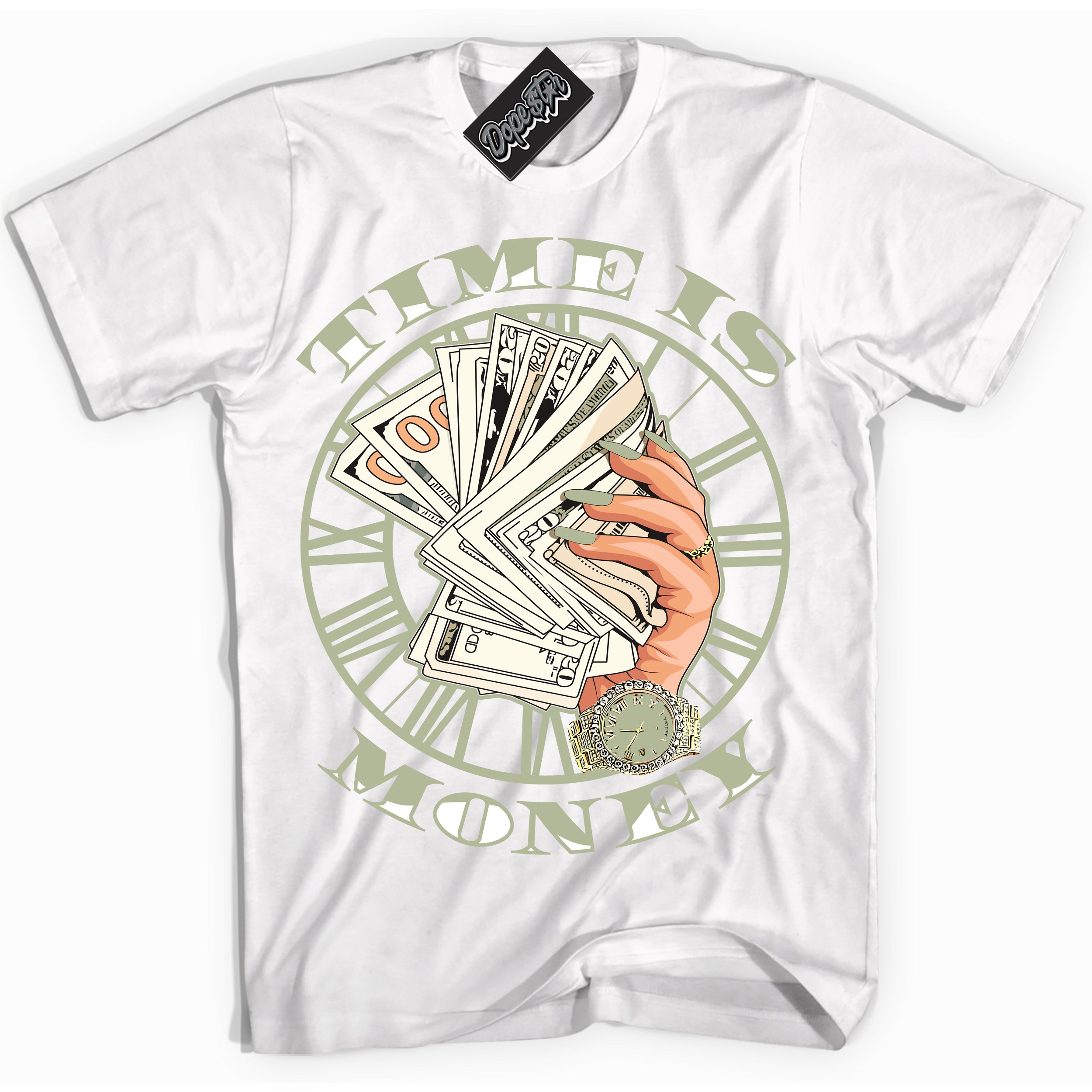 Cool White Shirt with “ Time Is Money ” design that perfectly matches Next Nature Olive Aura Dunks.
