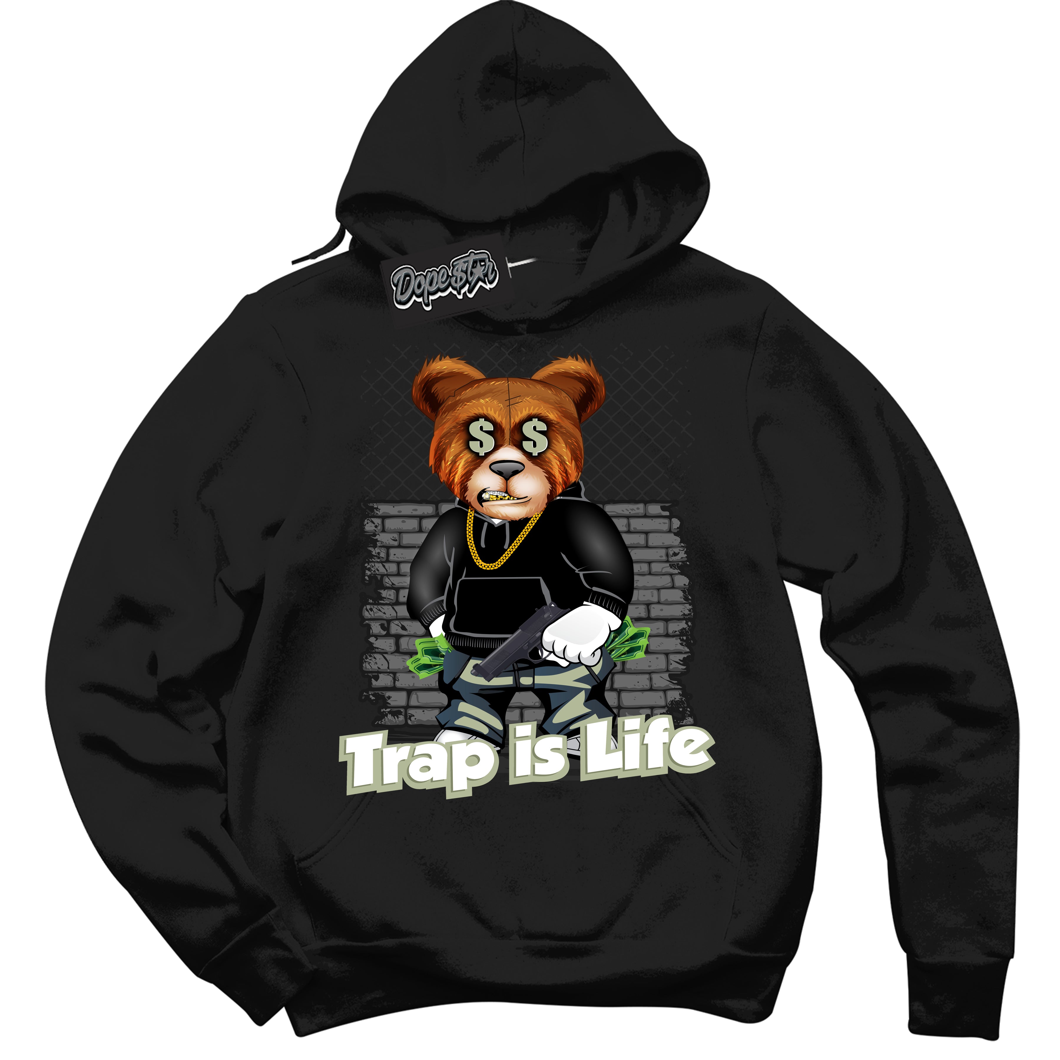 Cool Black Hoodie with “ Trap Is Life ”  design that Perfectly Matches Next Nature Olive Aura Dunks.
