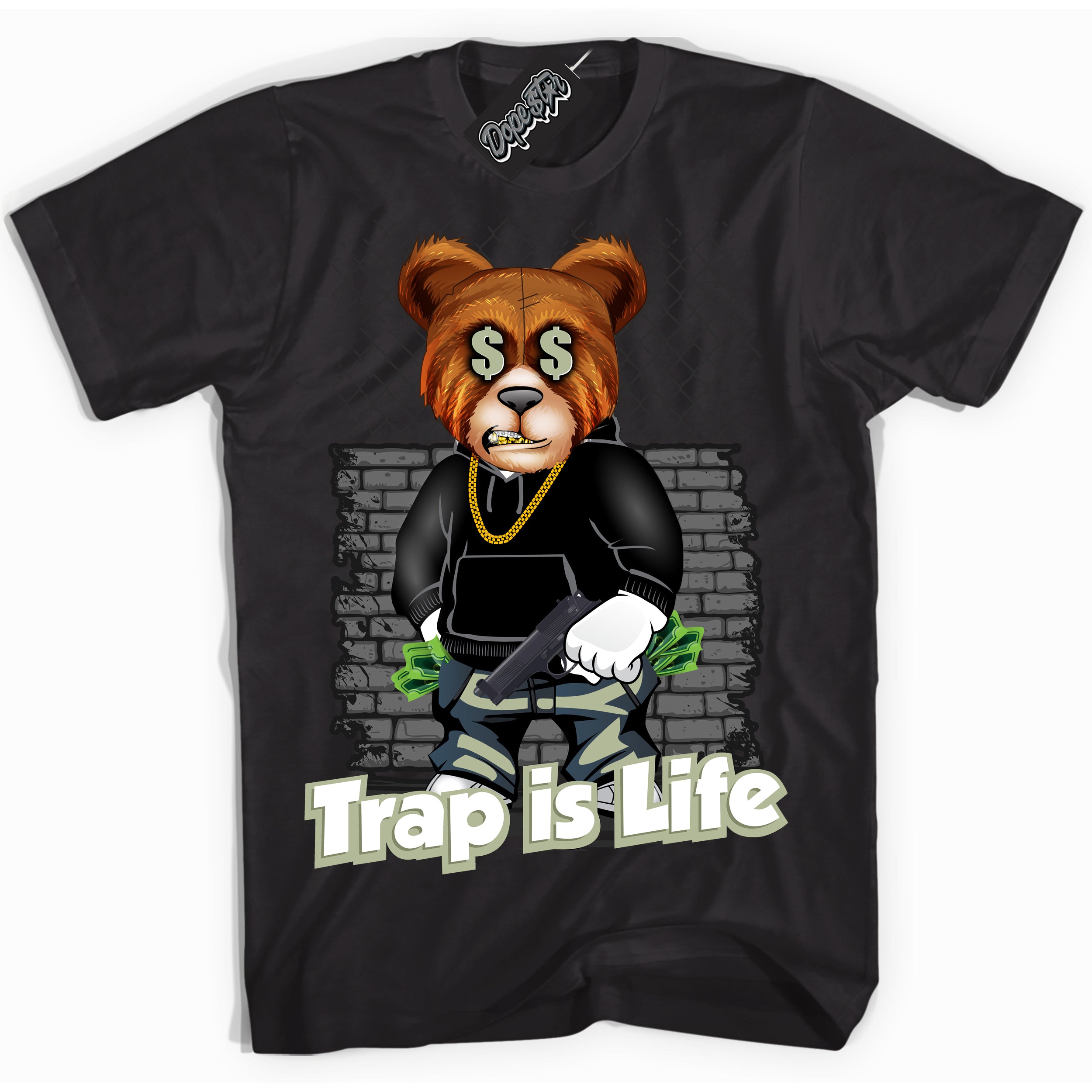 Cool Black Shirt with “ Trap Is Life ” design that perfectly matches Next Nature Olive Aura Dunks.
