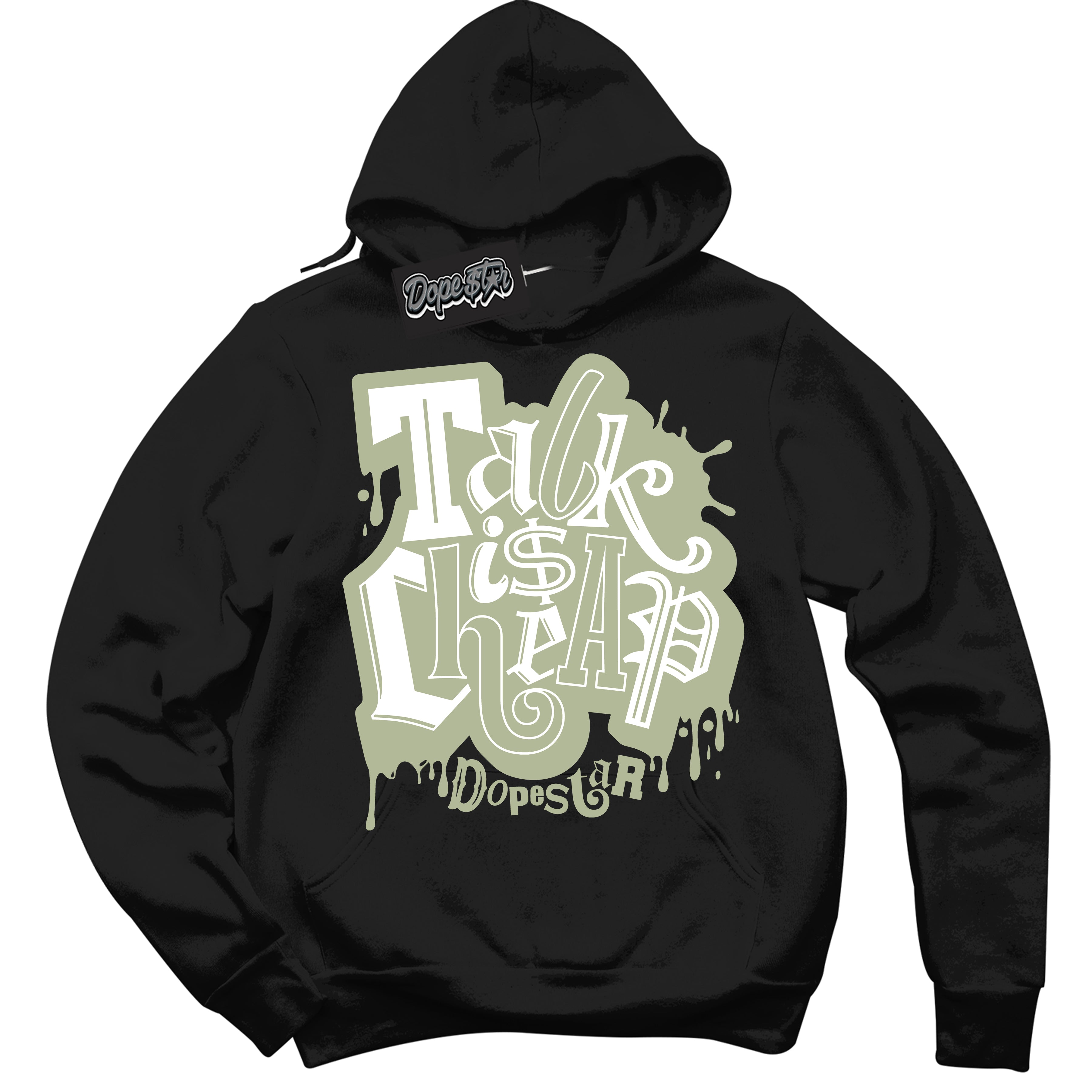 Cool Black Hoodie with “ Talk Is Cheap ”  design that Perfectly Matches Next Nature Olive Aura Dunks.
