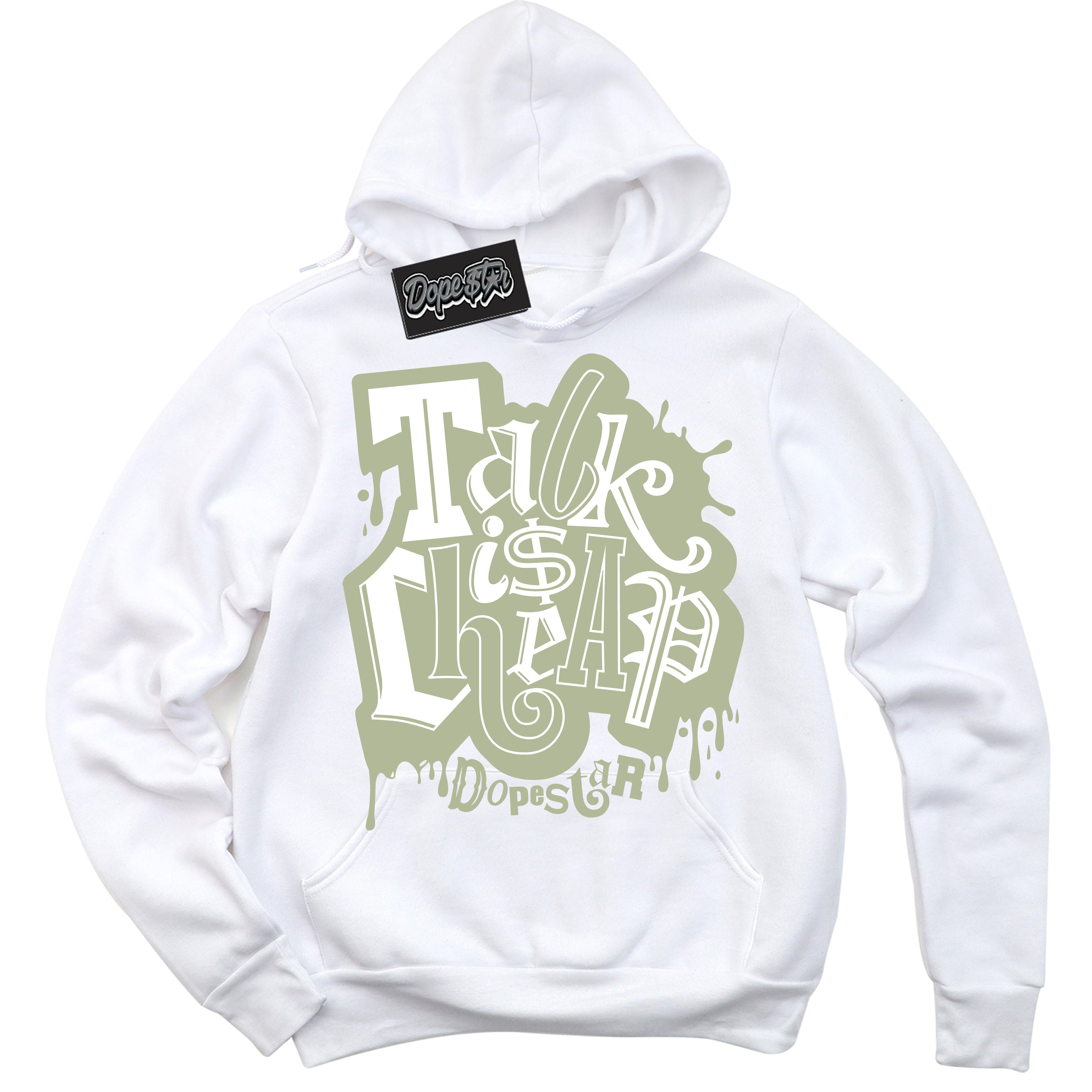 Cool White Hoodie with “ Talk Is Cheap ”  design that Perfectly Matches Next Nature Olive Aura Dunks.
