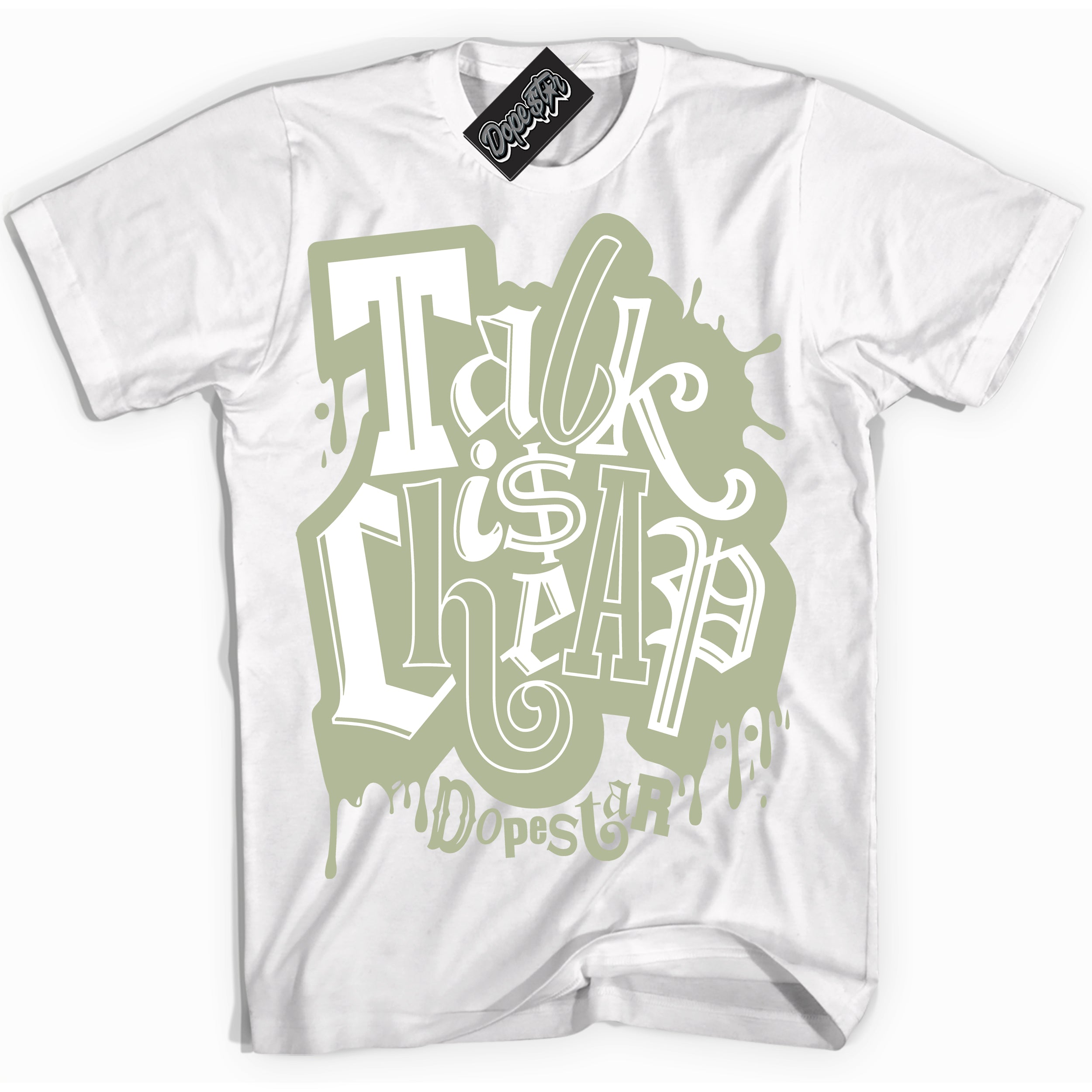 Cool White Shirt with “ Talk Is Cheap ” design that perfectly matches Next Nature Olive Aura Dunks.
