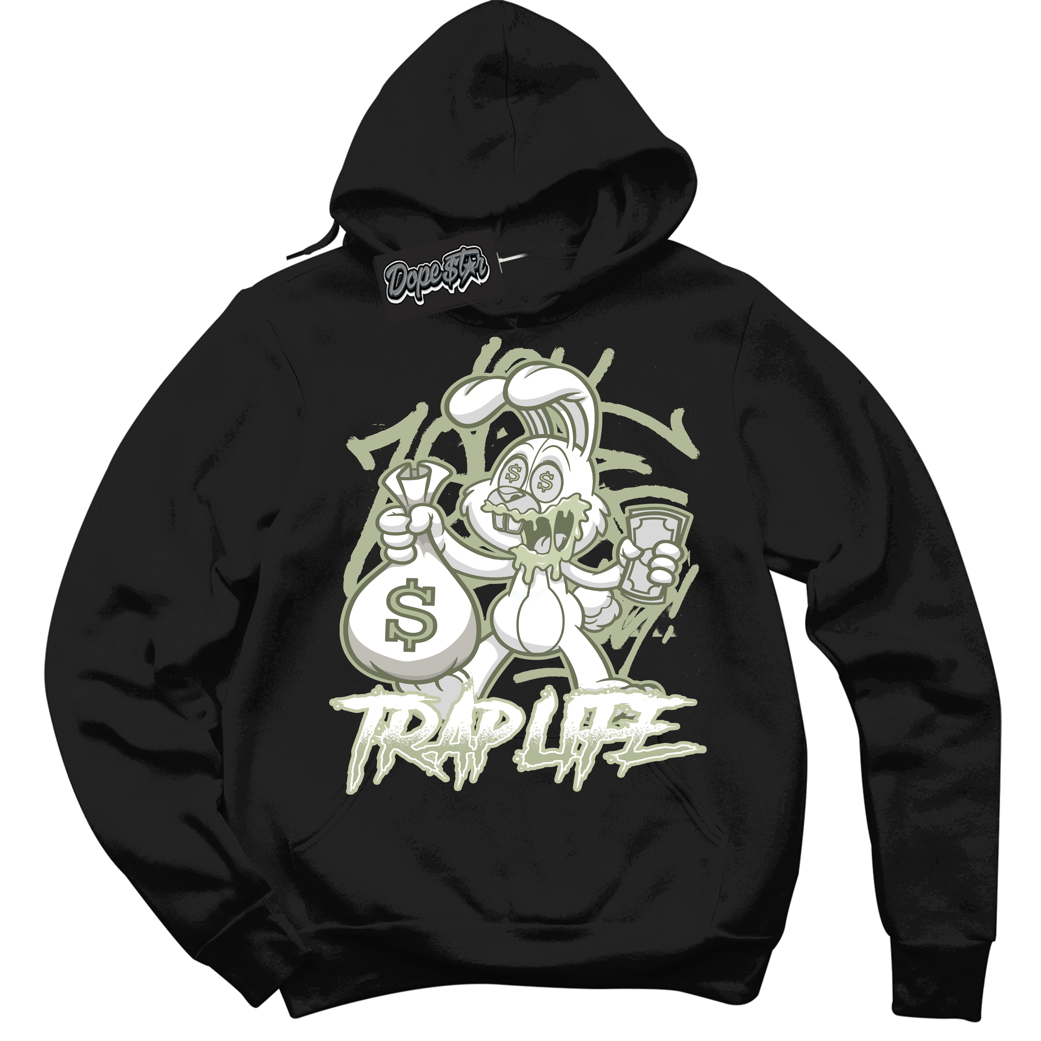 Cool Black Hoodie with “ Trap Rabbit ”  design that Perfectly Matches Next Nature Olive Aura Dunks.
