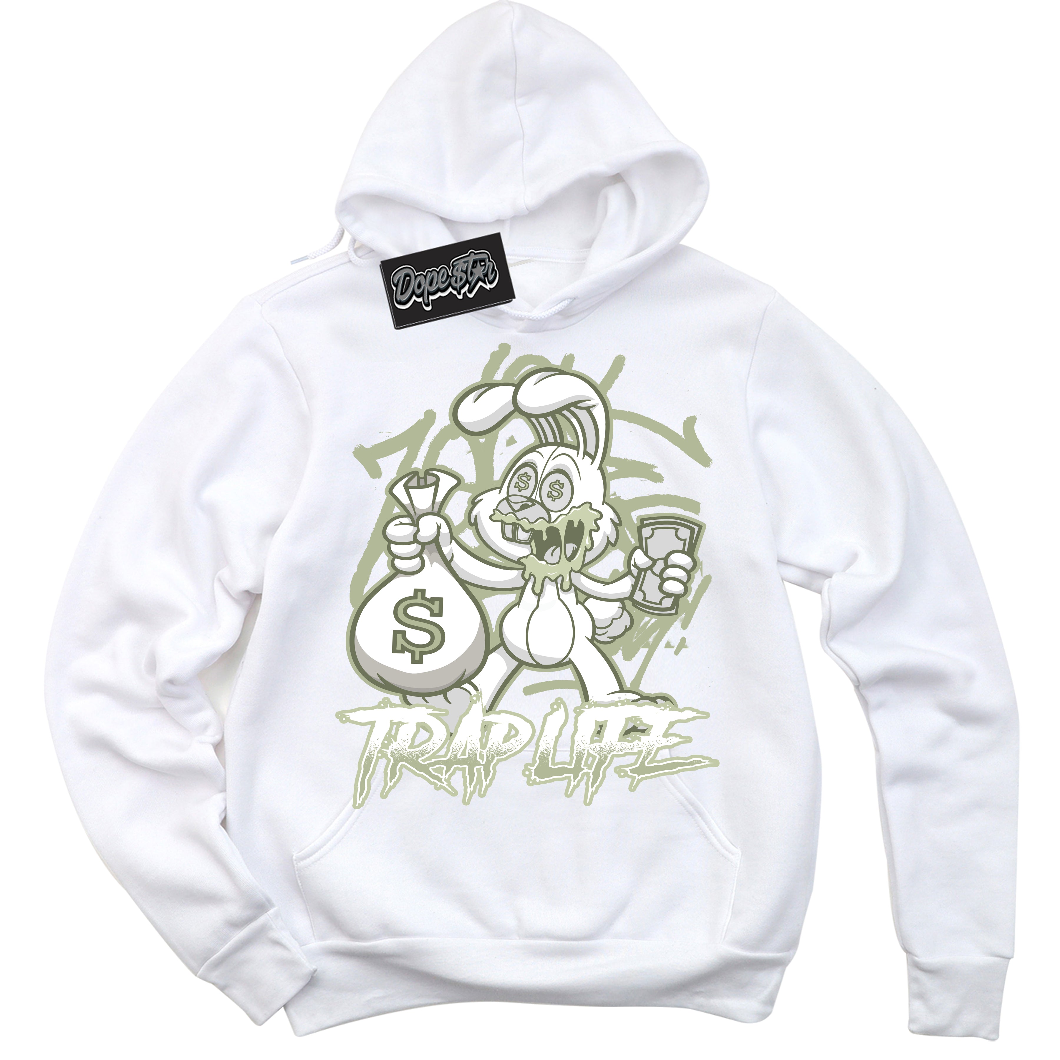 Cool White Hoodie with “ Trap Rabbit ”  design that Perfectly Matches Next Nature Olive Aura Dunks.
