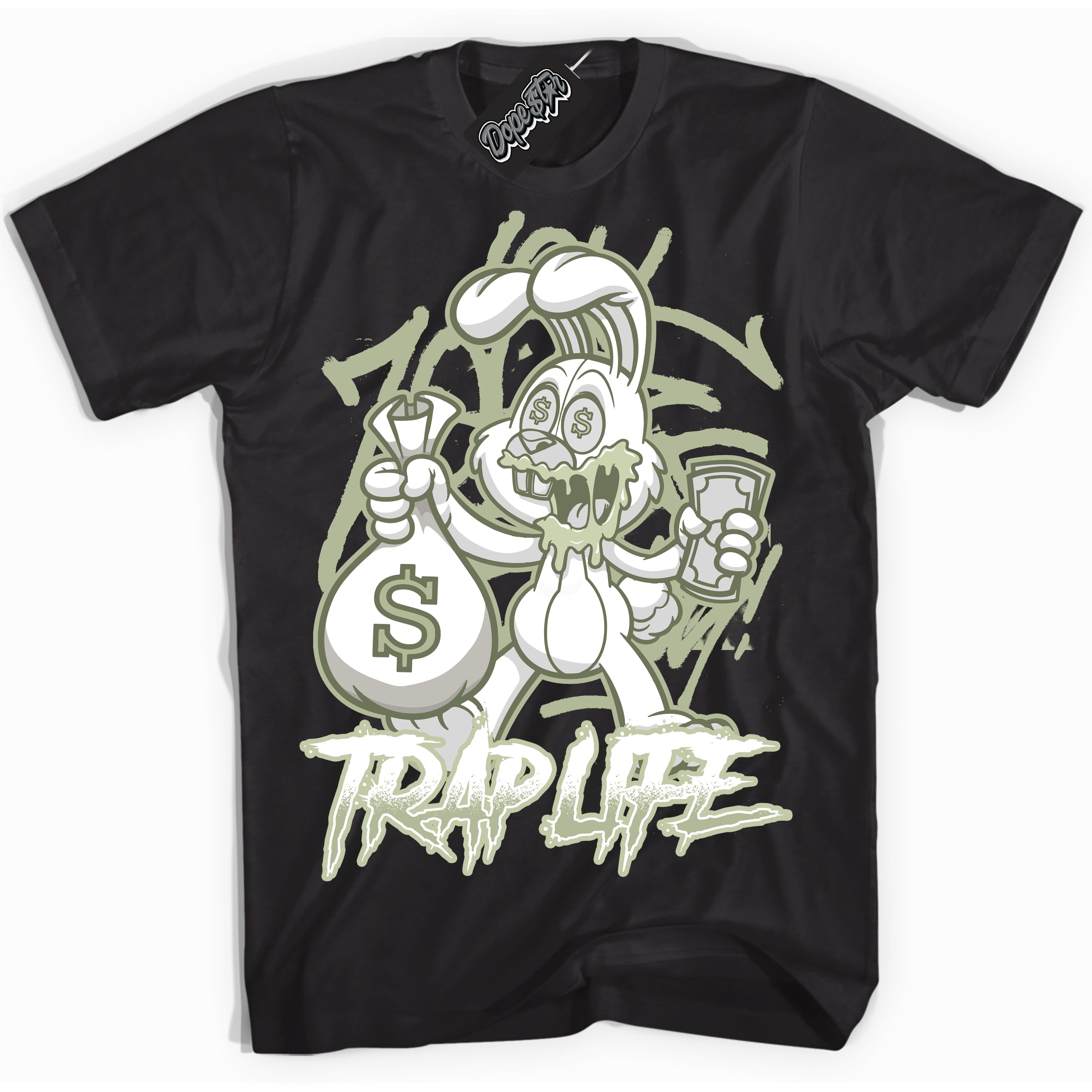 Cool Black Shirt with “ Trap Rabbit ” design that perfectly matches Next Nature Olive Aura Dunks.
