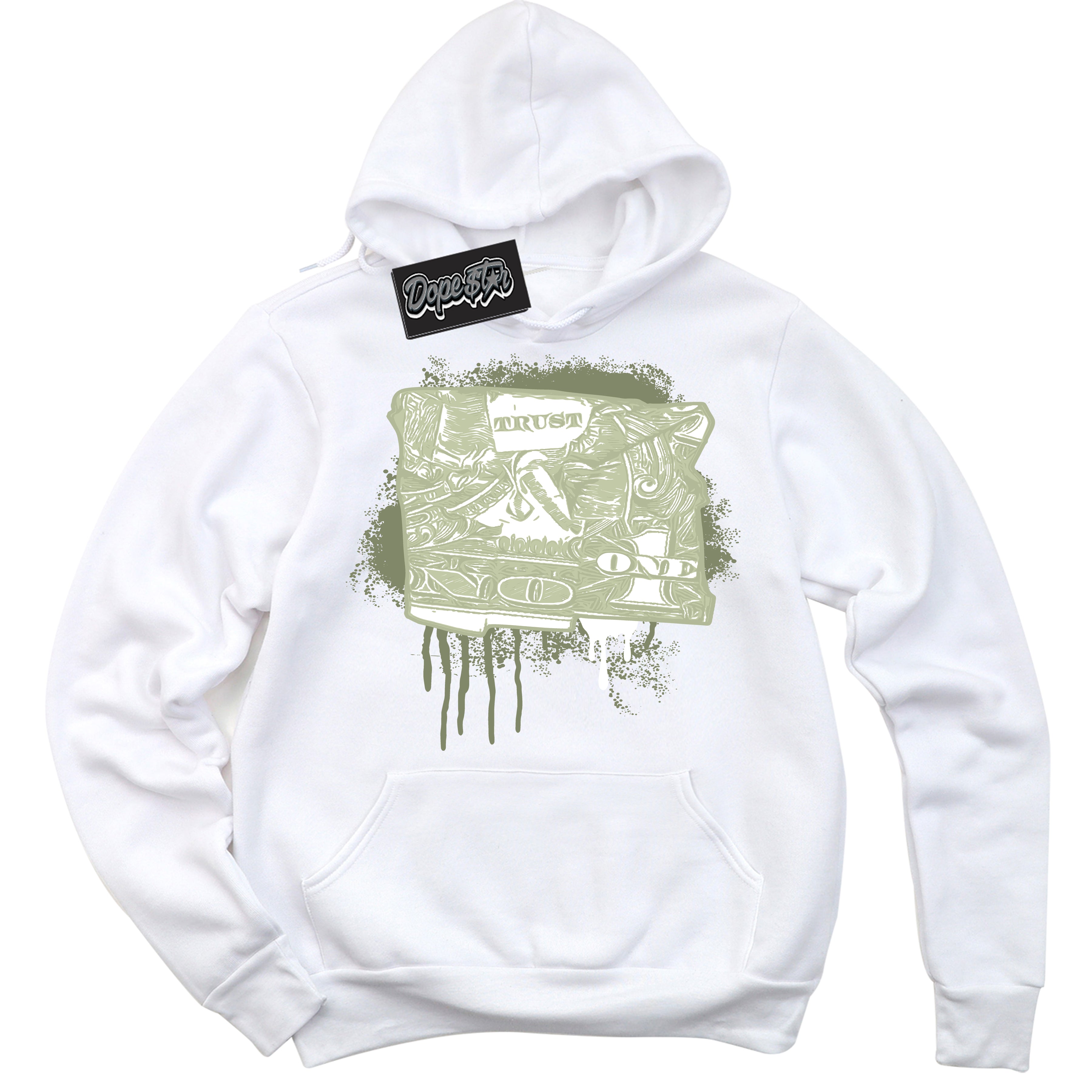 Cool White Hoodie with “ Trust No One Dollar ”  design that Perfectly Matches Next Nature Olive Aura Dunks.
