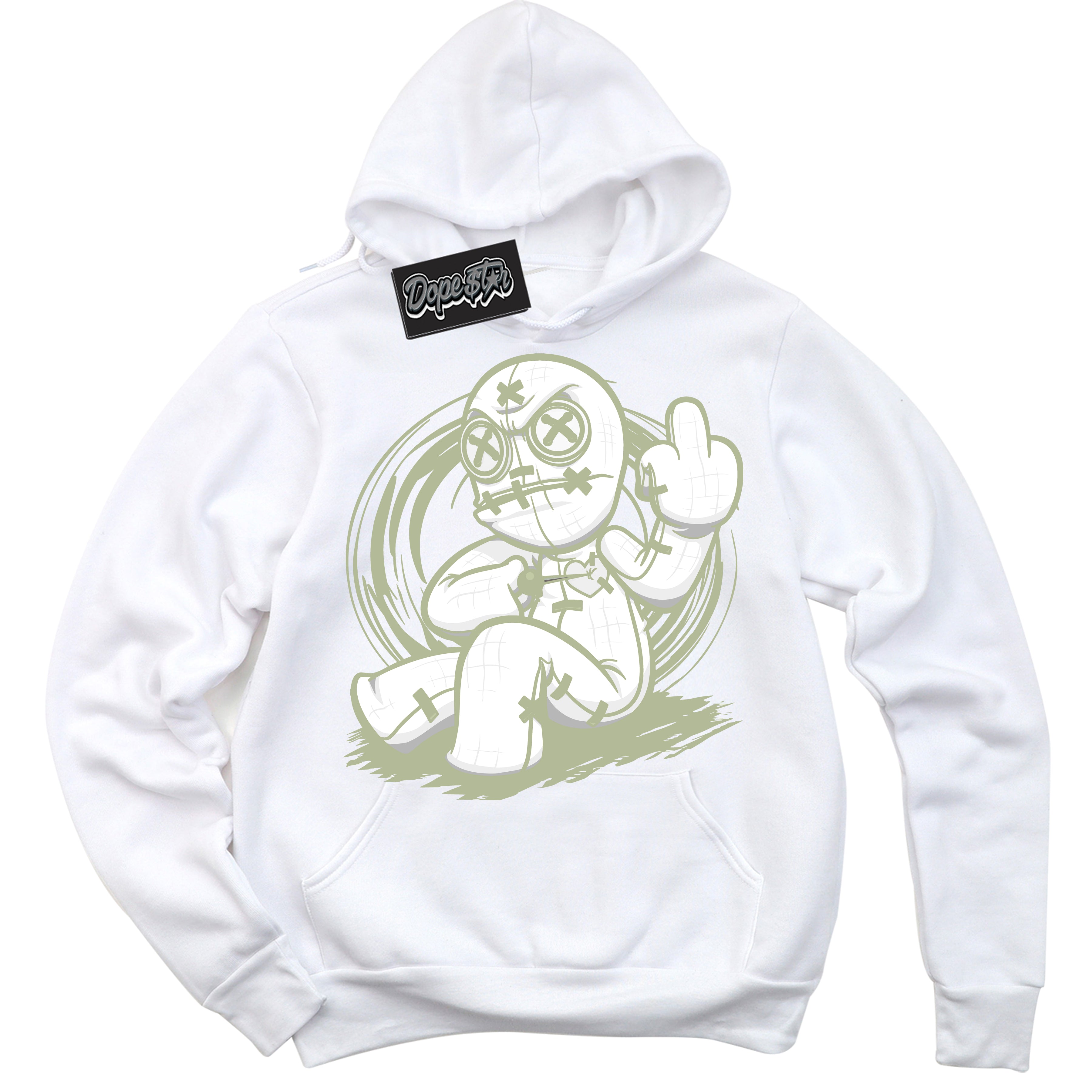 Cool White Hoodie with “ Voodoo Doll ”  design that Perfectly Matches Next Nature Olive Aura Dunks.
