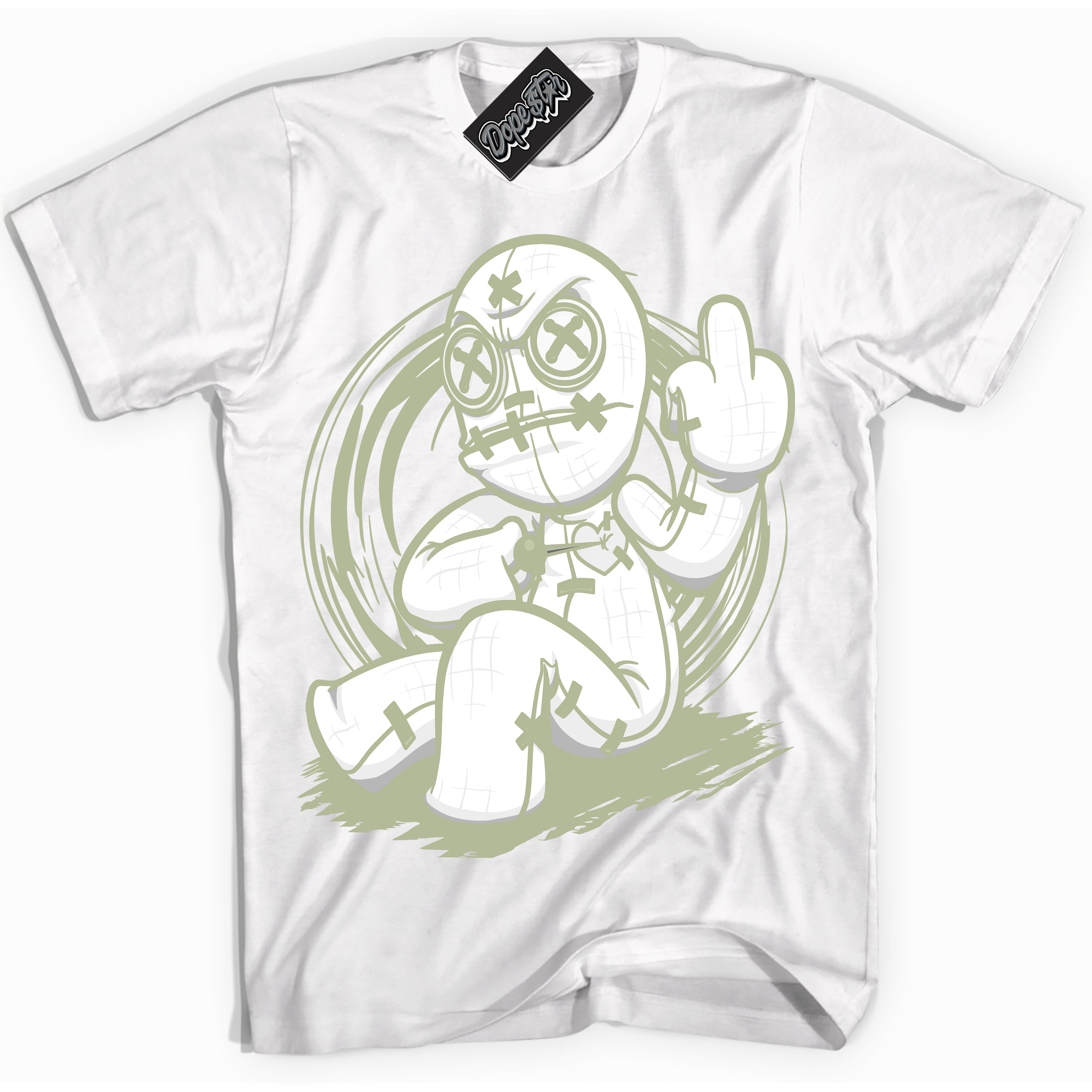 Cool White Shirt with “ Voodoo Doll ” design that perfectly matches Next Nature Olive Aura Dunks.
