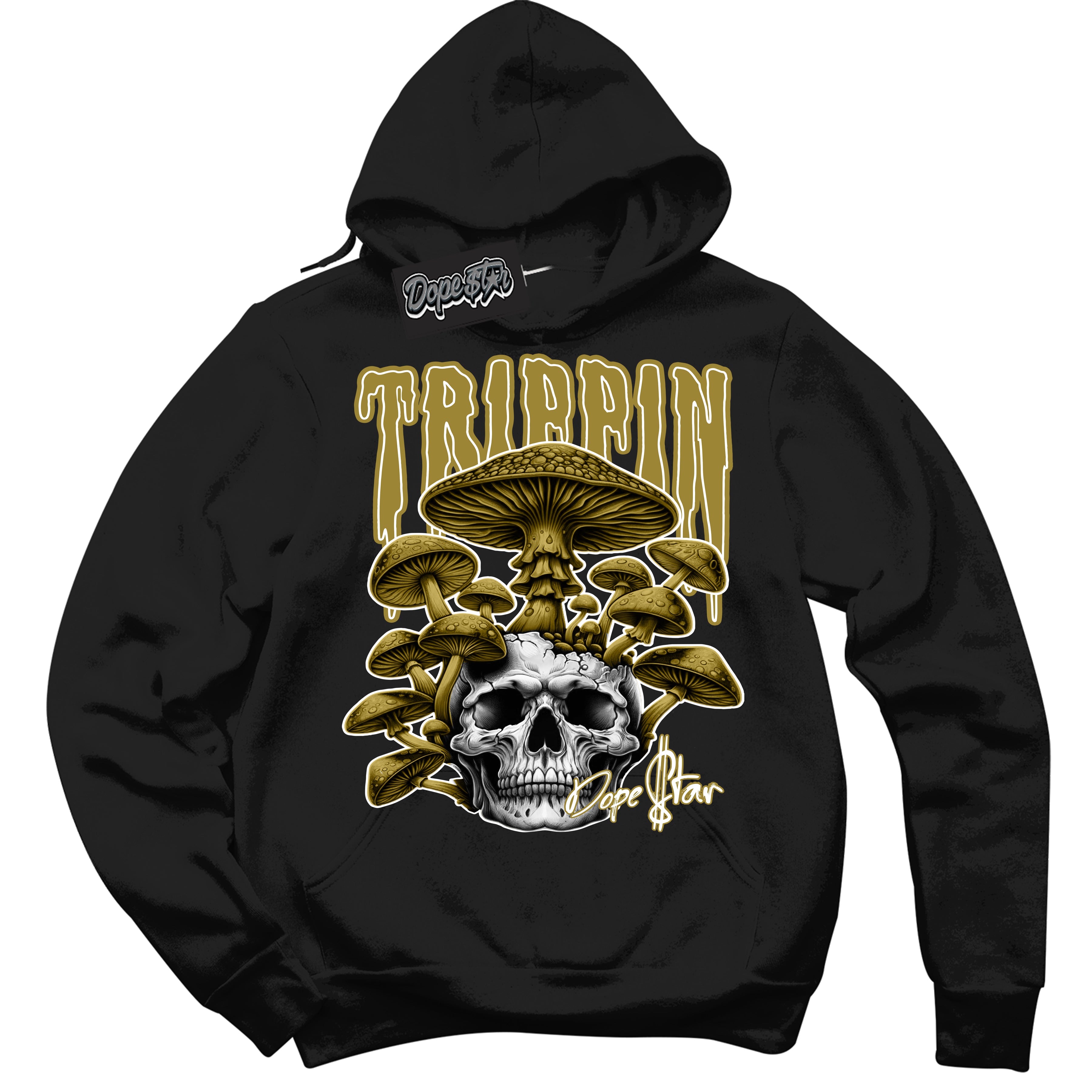 Cool Black Hoodie with “Trippin” design that Perfectly Matches Pacific Moss Dunk Sneakers.