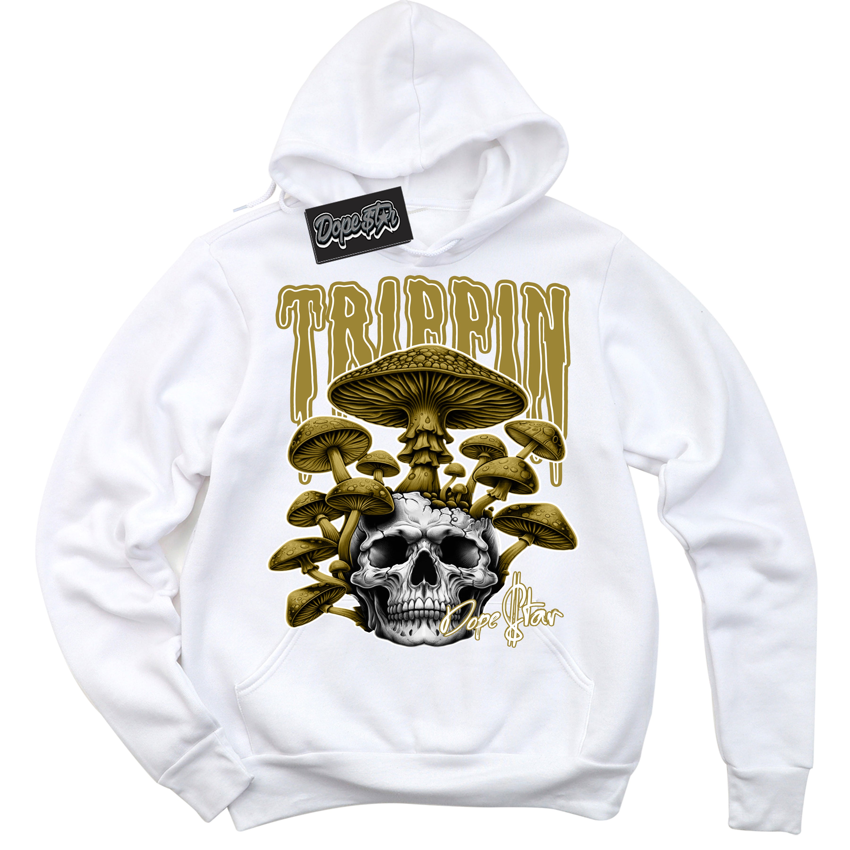 Cool White Hoodie with “Trippin” design that Perfectly Matches Pacific Moss Dunk Sneakers.