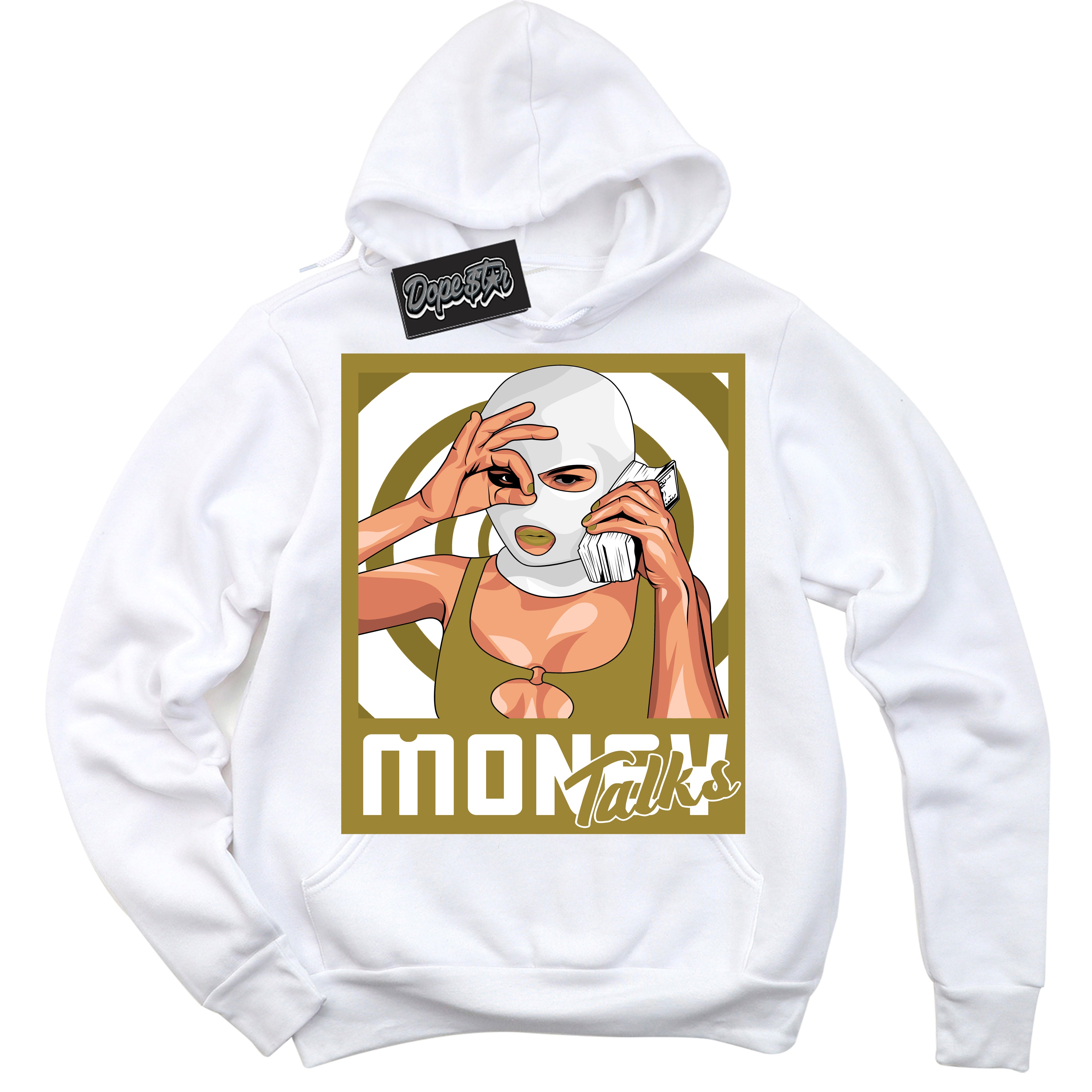 Cool White Hoodie with “ Money Talks ”  design that Perfectly Matches Pacific Moss Dunks.
