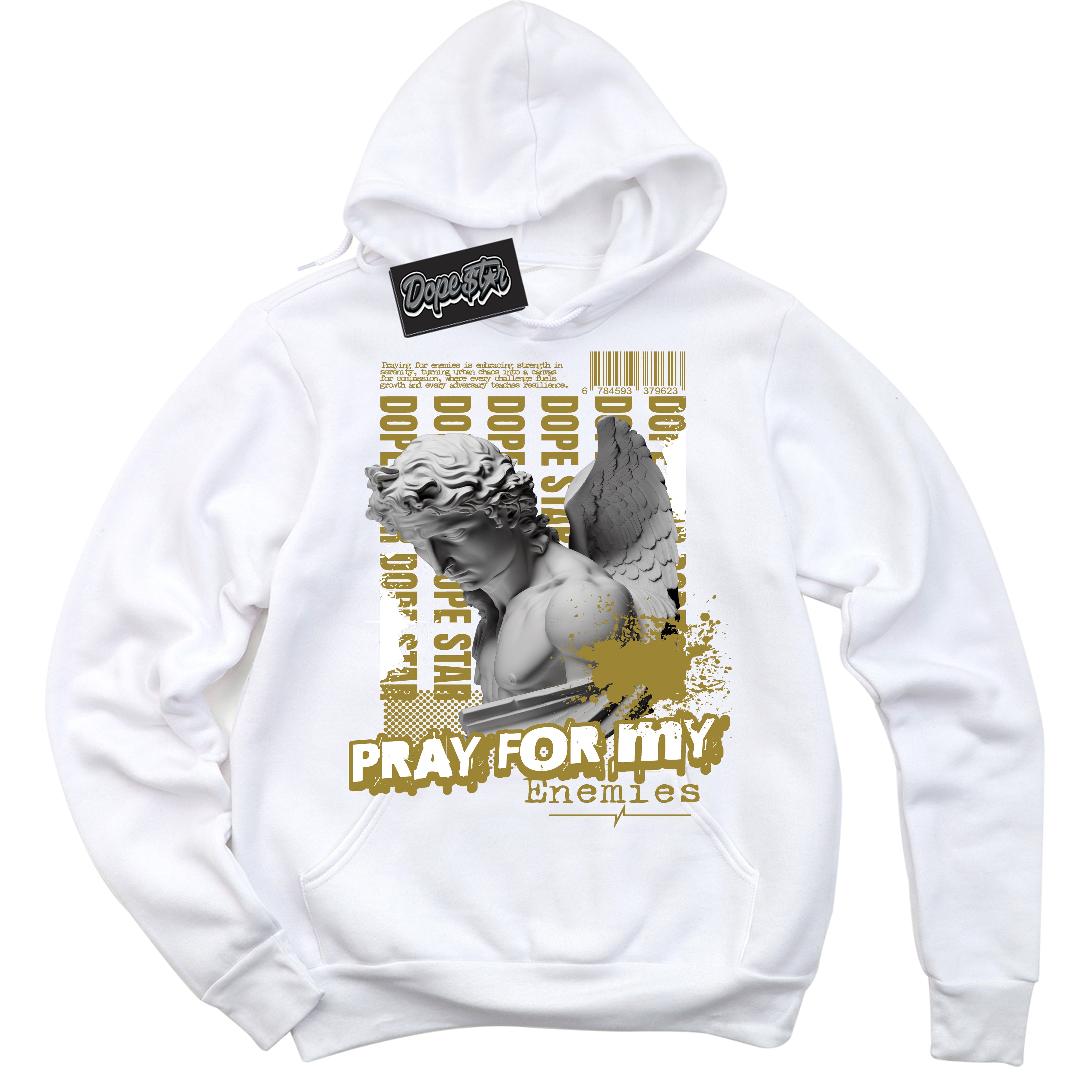 Cool White Hoodie with “ Pray Enemies ”  design that Perfectly Matches Pacific Moss Sneakers.