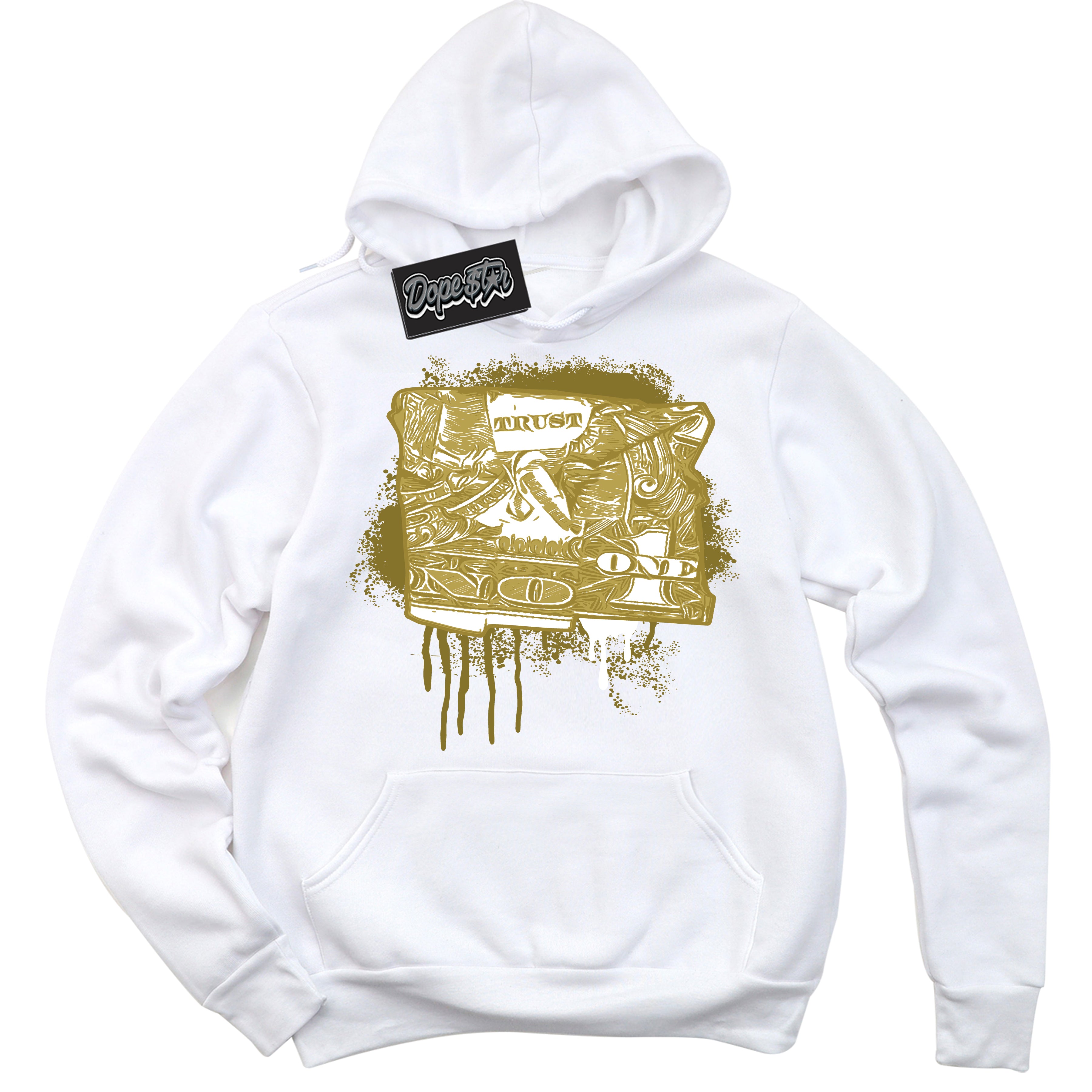 Cool White Hoodie with “ Trust No One Dollar ”  design that Perfectly Matches Pacific Moss Dunks.
