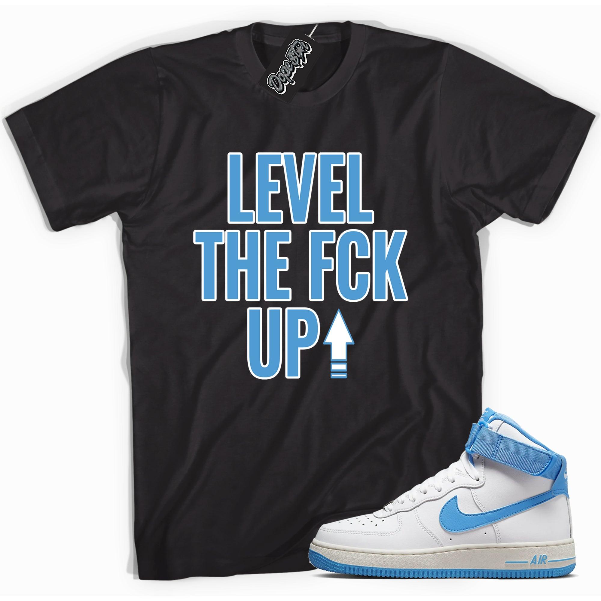 Cool black graphic tee with 'Level Up' print, that perfectly matches NIKE Air force 1 High White University Blue sneakers.