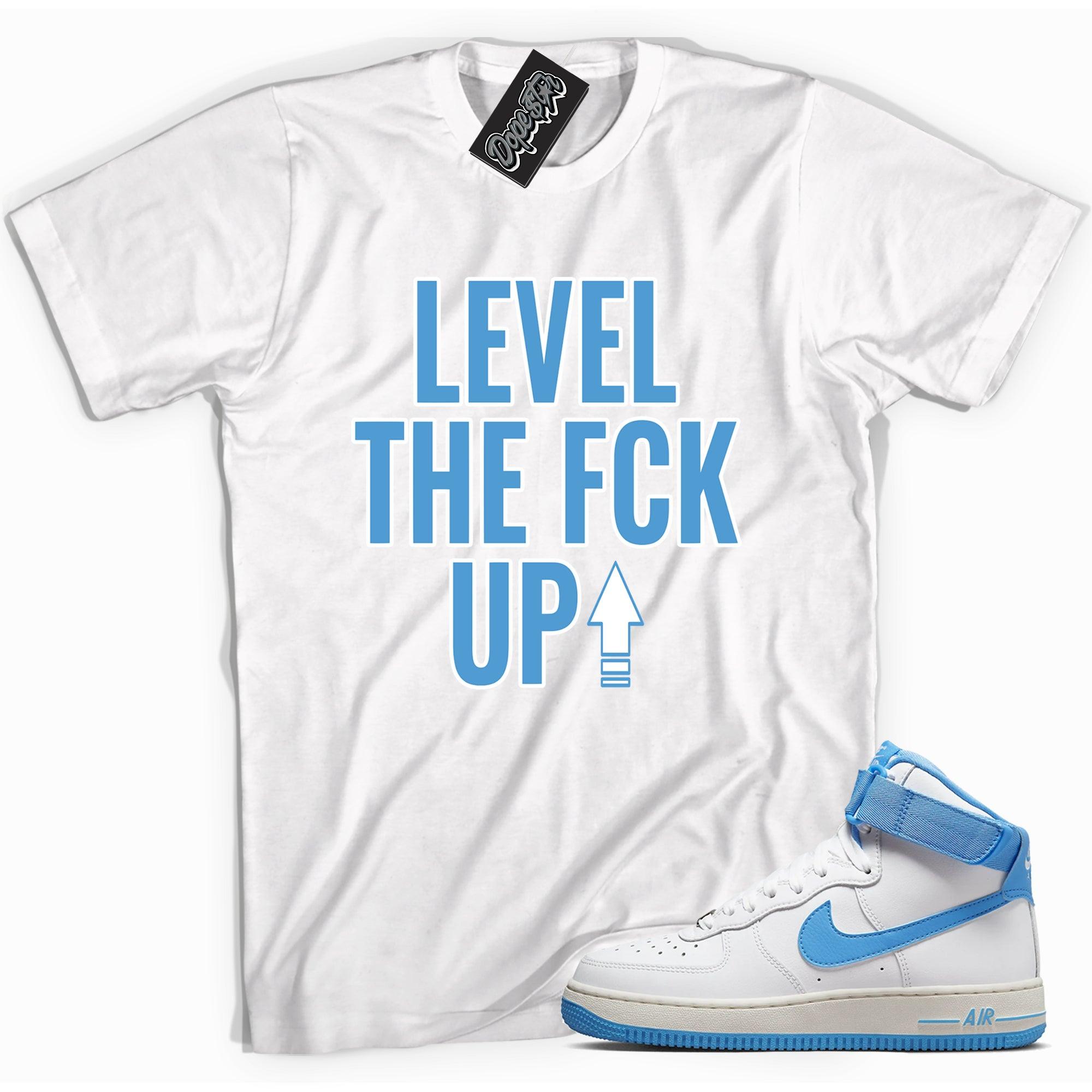 Cool white graphic tee with 'Level Up' print, that perfectly matches NIKE Air force 1 High White University Blue sneakers.