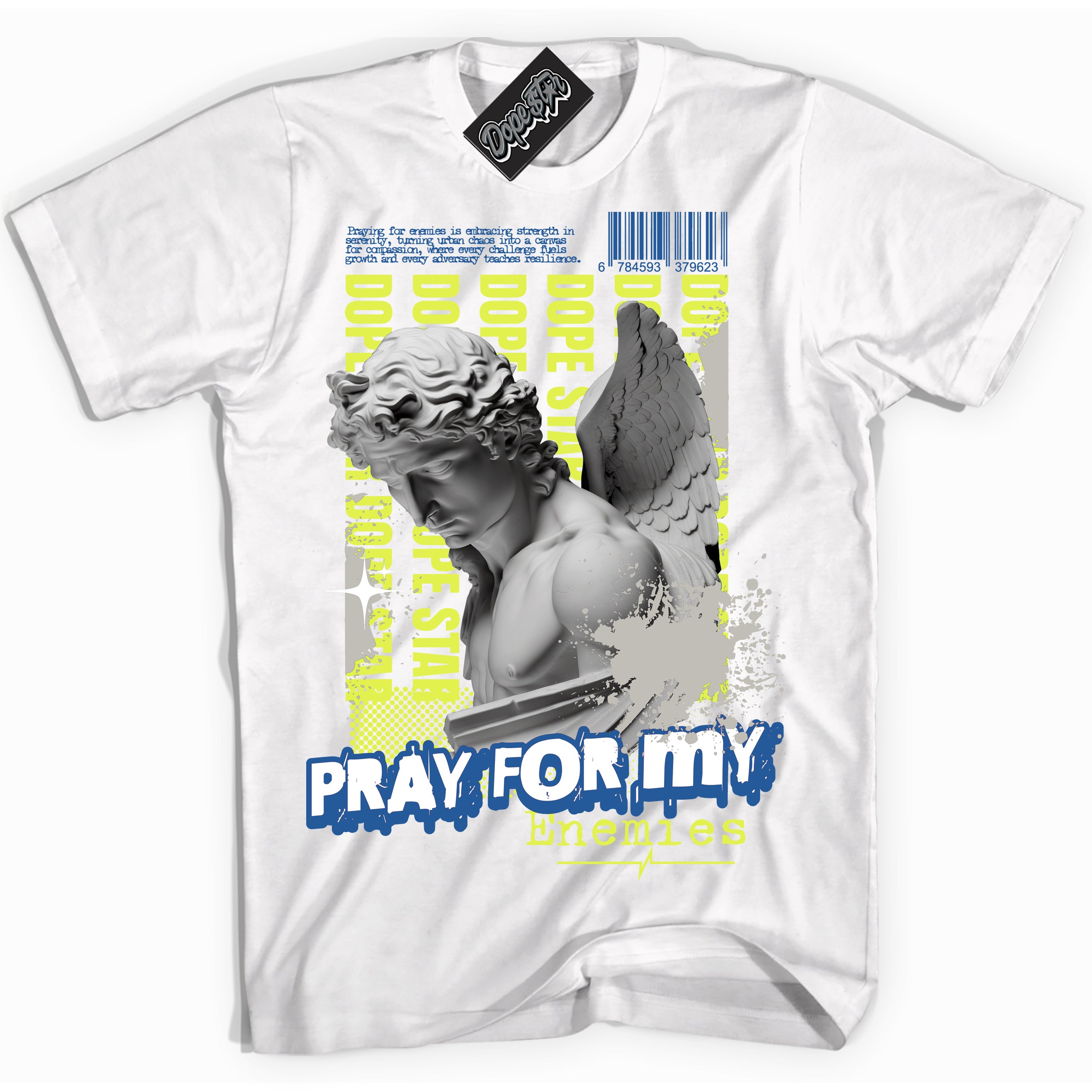 Cool White Shirt with “ Pray Enemies” design that perfectly matches '86 Air Max Day 1s  Sneakers.