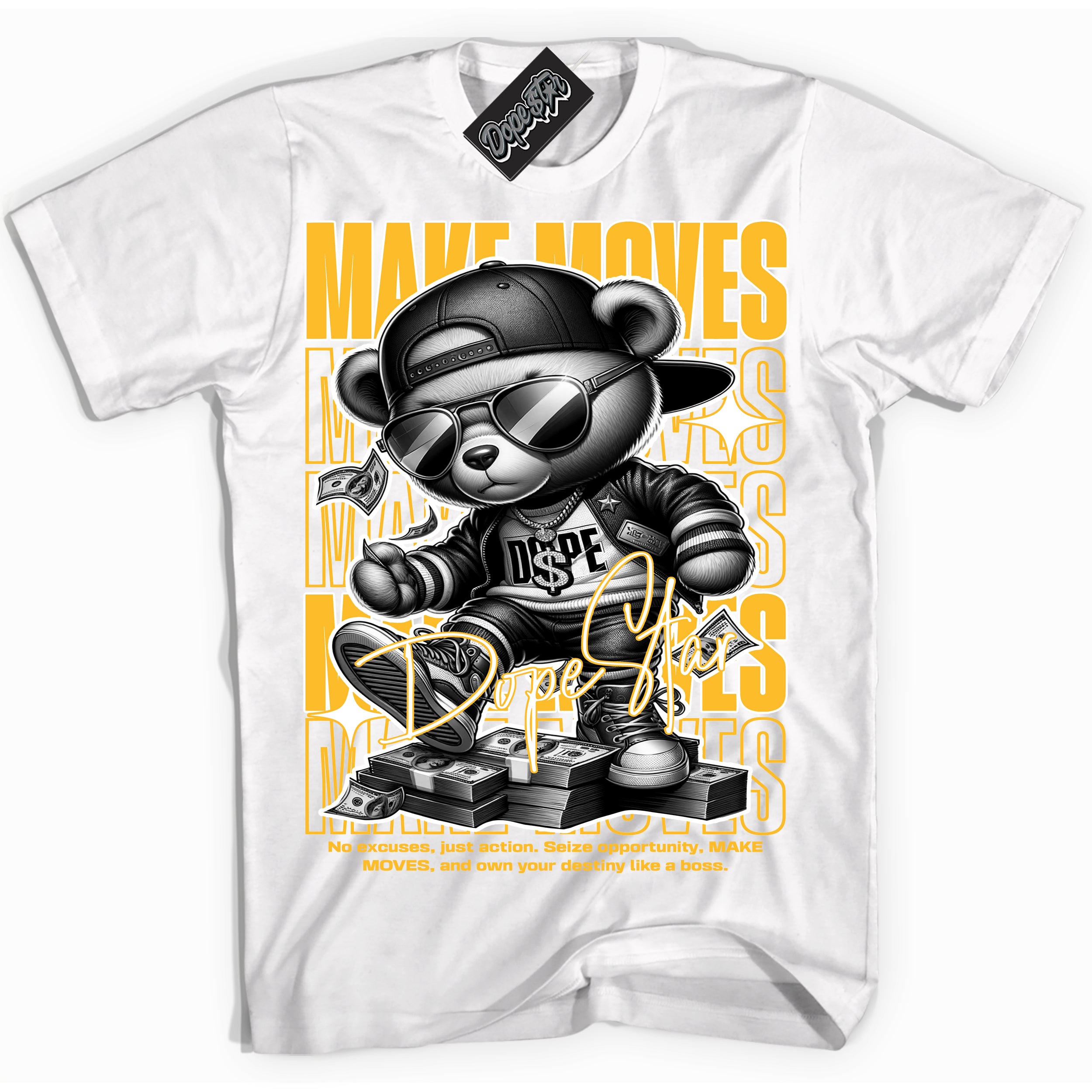 Cool White Shirt with “ Makin Moves” design that perfectly matches University Gold Sneakers.