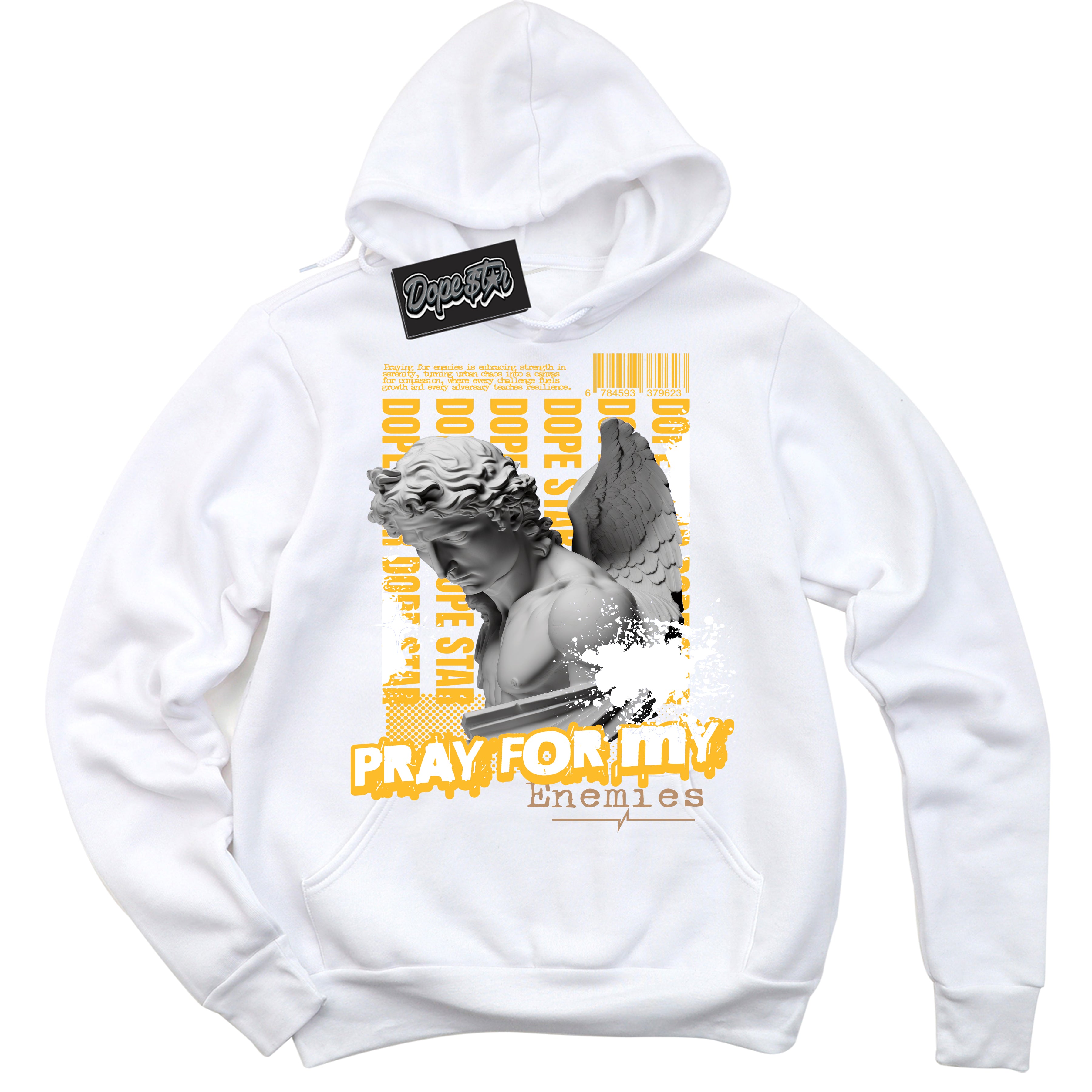 Cool White Hoodie with “ Pray Enemies ”  design that Perfectly Matches University Gold Sneakers.