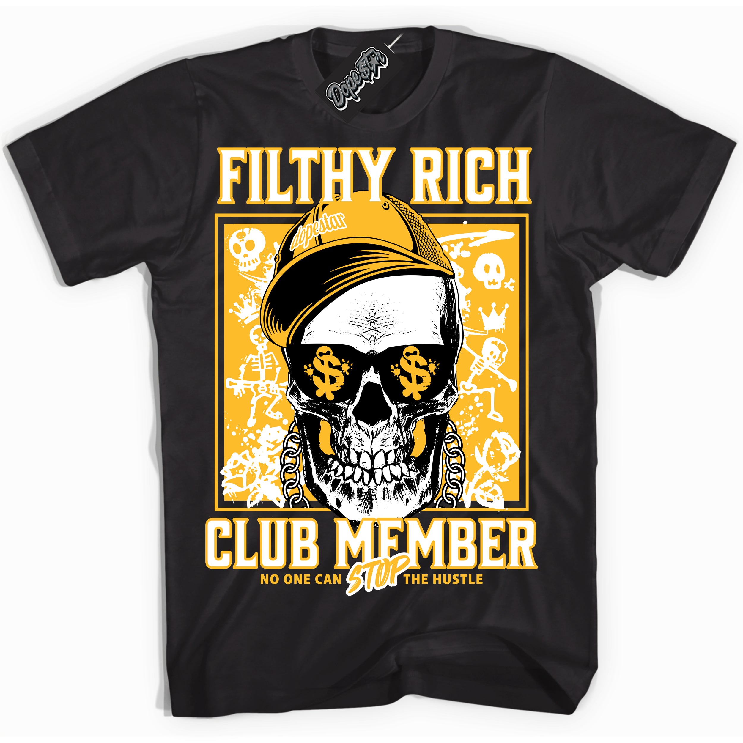 Cool Black Shirt with “ Filthy Rich” design that perfectly matches University Gold Sneakers.