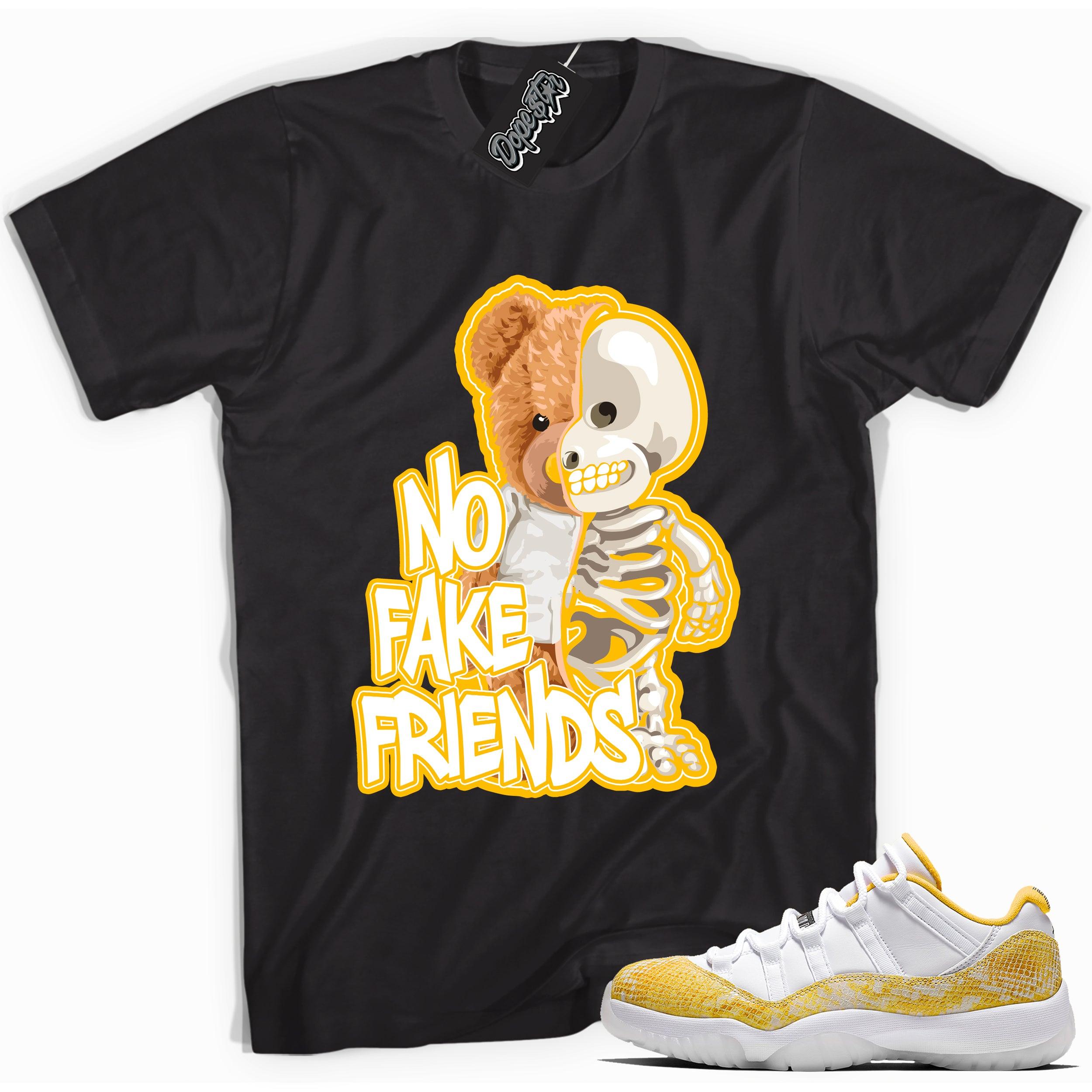 Cool black graphic tee with 'no fake friends' print, that perfectly matches  Air Jordan 11 Low Yellow Snakeskin sneakers