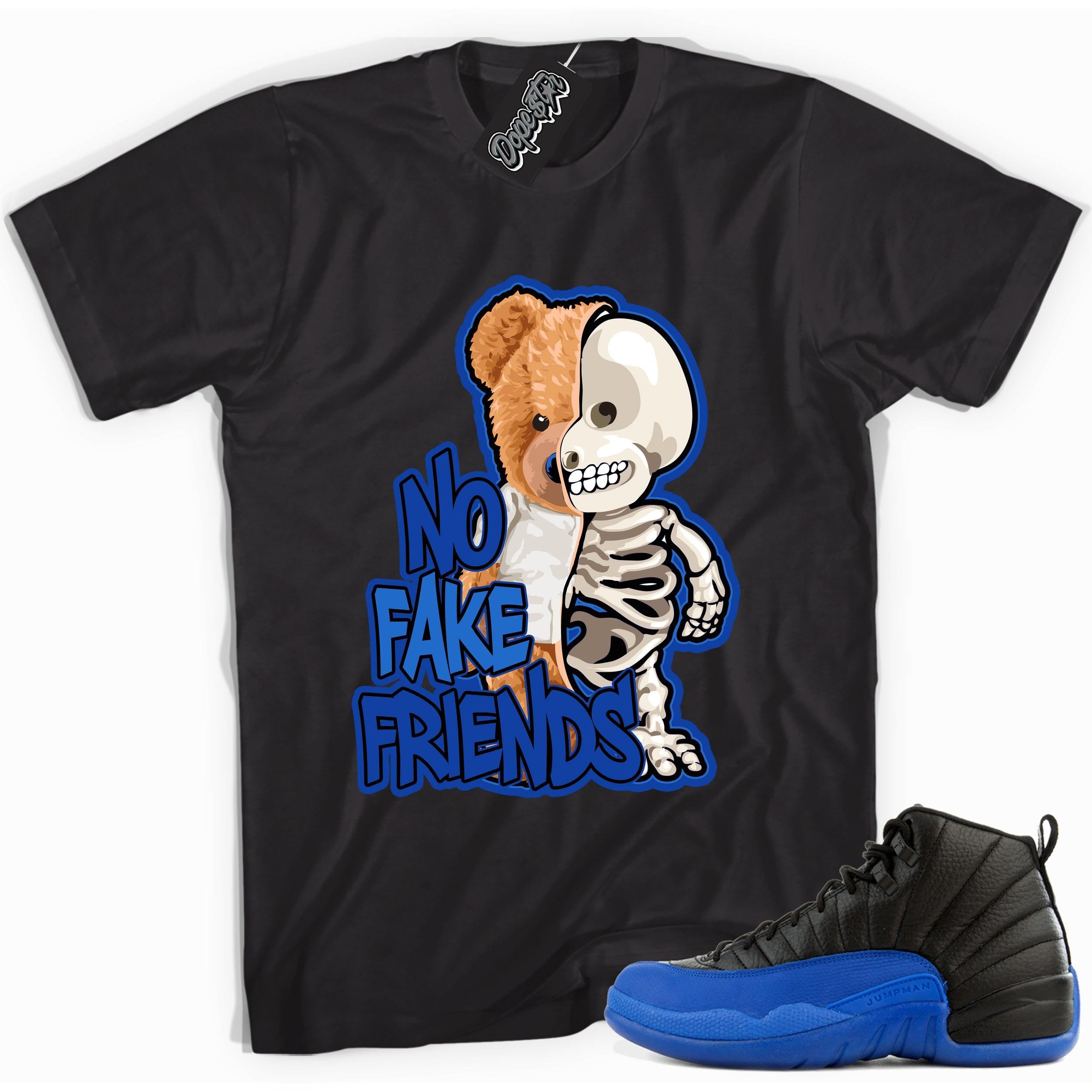 Cool black graphic tee with 'no fake friends' print, that perfectly matches  Air Jordan 12 Retro Black Game Royal sneakers.