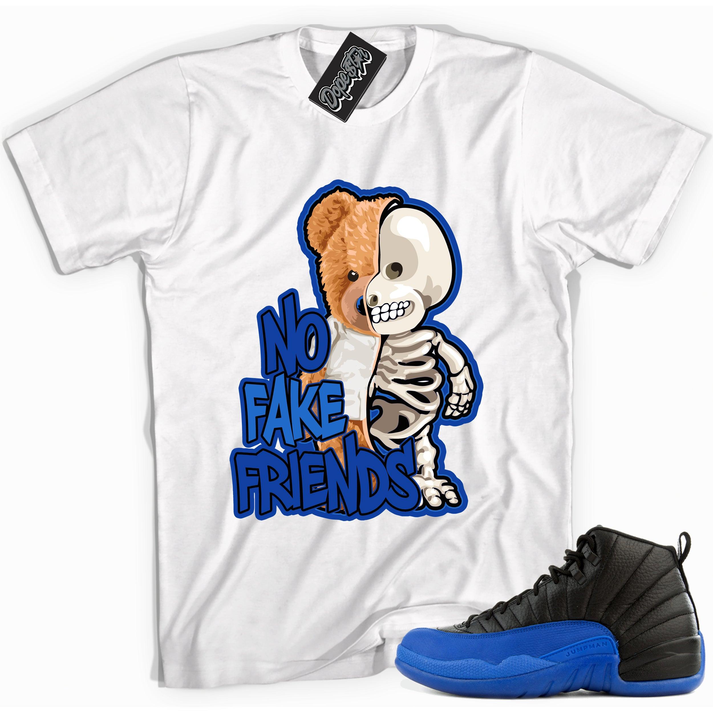 Cool white graphic tee with 'no fake friends' print, that perfectly matches Air Jordan 12 Retro Black Game Royal sneakers.