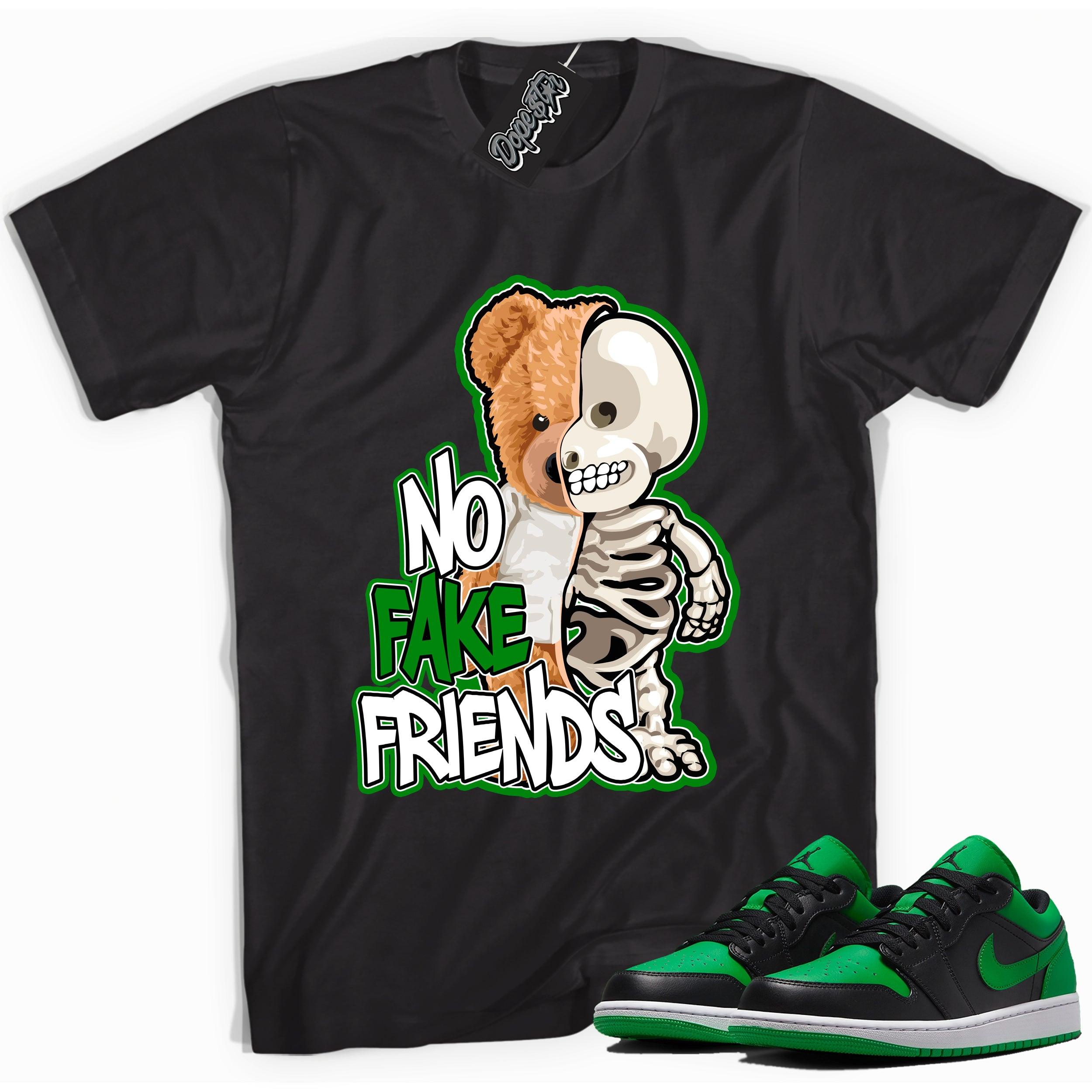 Cool black graphic tee with 'No Fake Friends' print, that perfectly matches Air Jordan 1 Low Lucky Green sneakers
