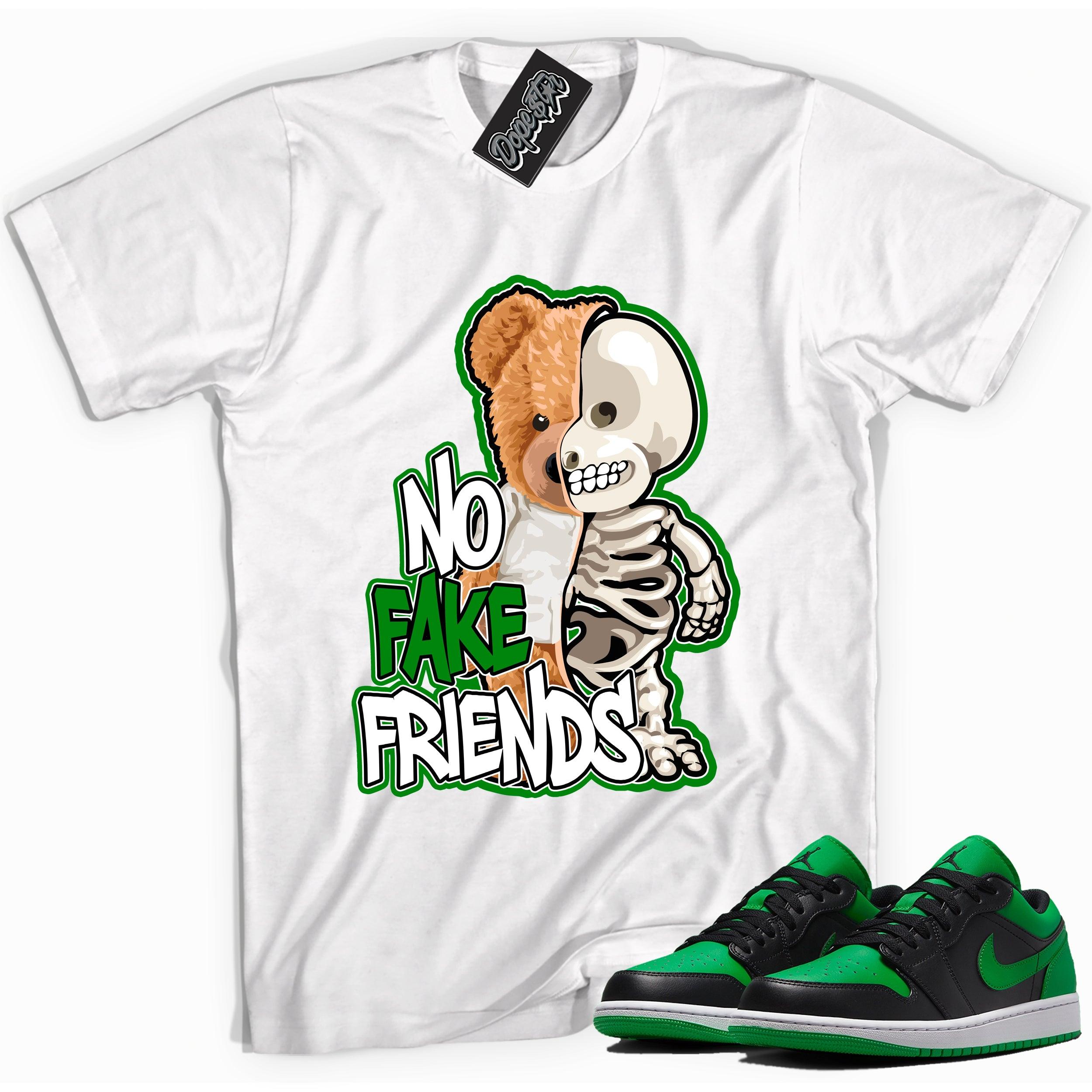 Cool white graphic tee with 'No Fake Friends' print, that perfectly matches Air Jordan 1 Low Lucky Green sneakers