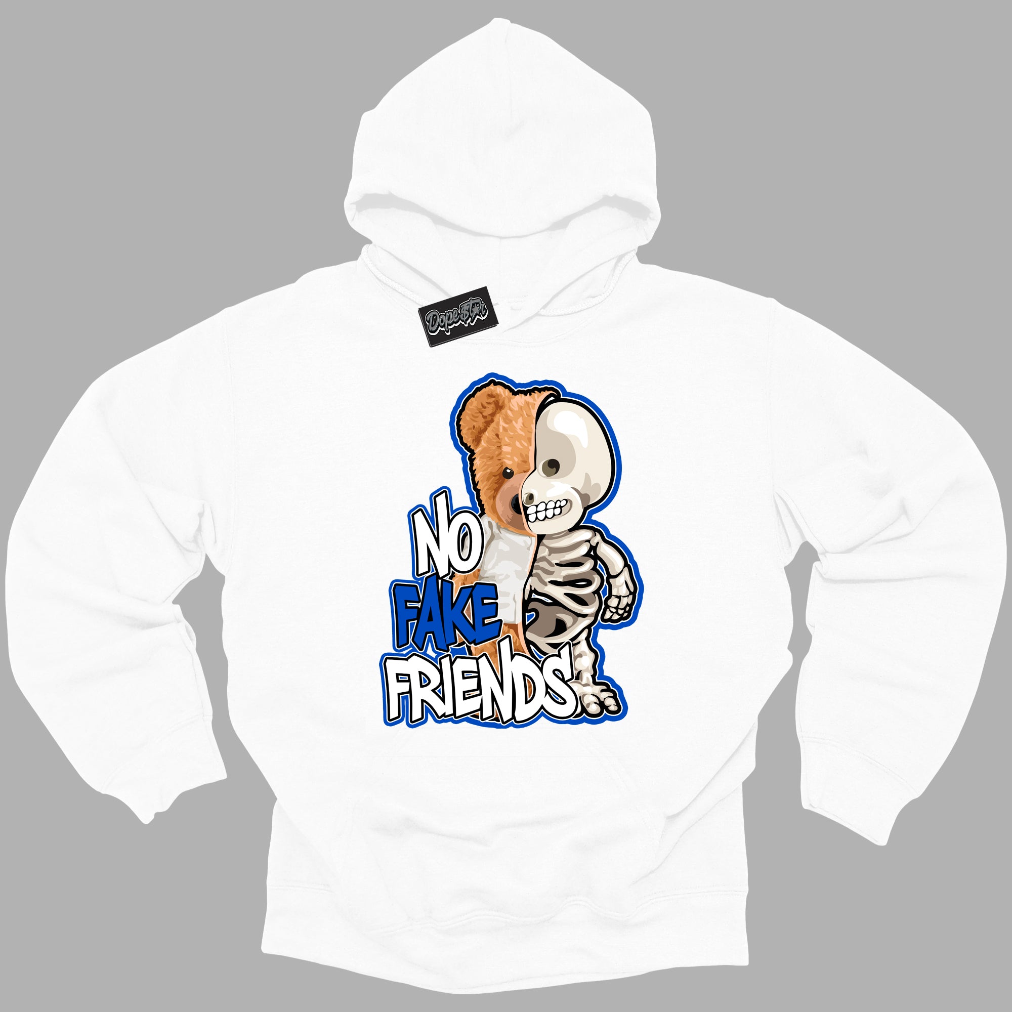 Cool White Hoodie with “ No Fake Friends ”  design that Perfectly Matches Royal Reimagined 1s Sneakers.