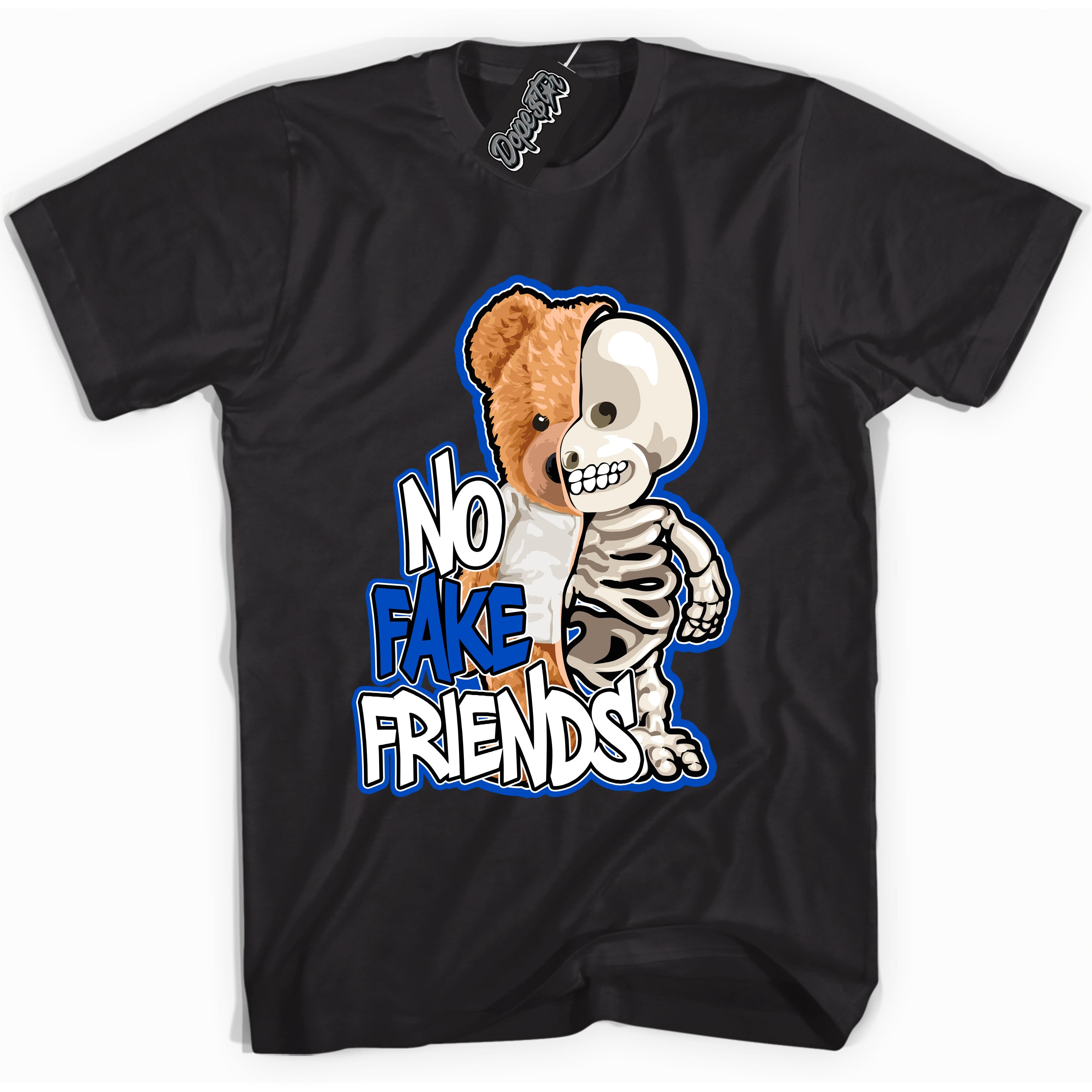 Cool Black graphic tee with No Fake Friends print, that perfectly matches OG Royal Reimagined 1s sneakers 