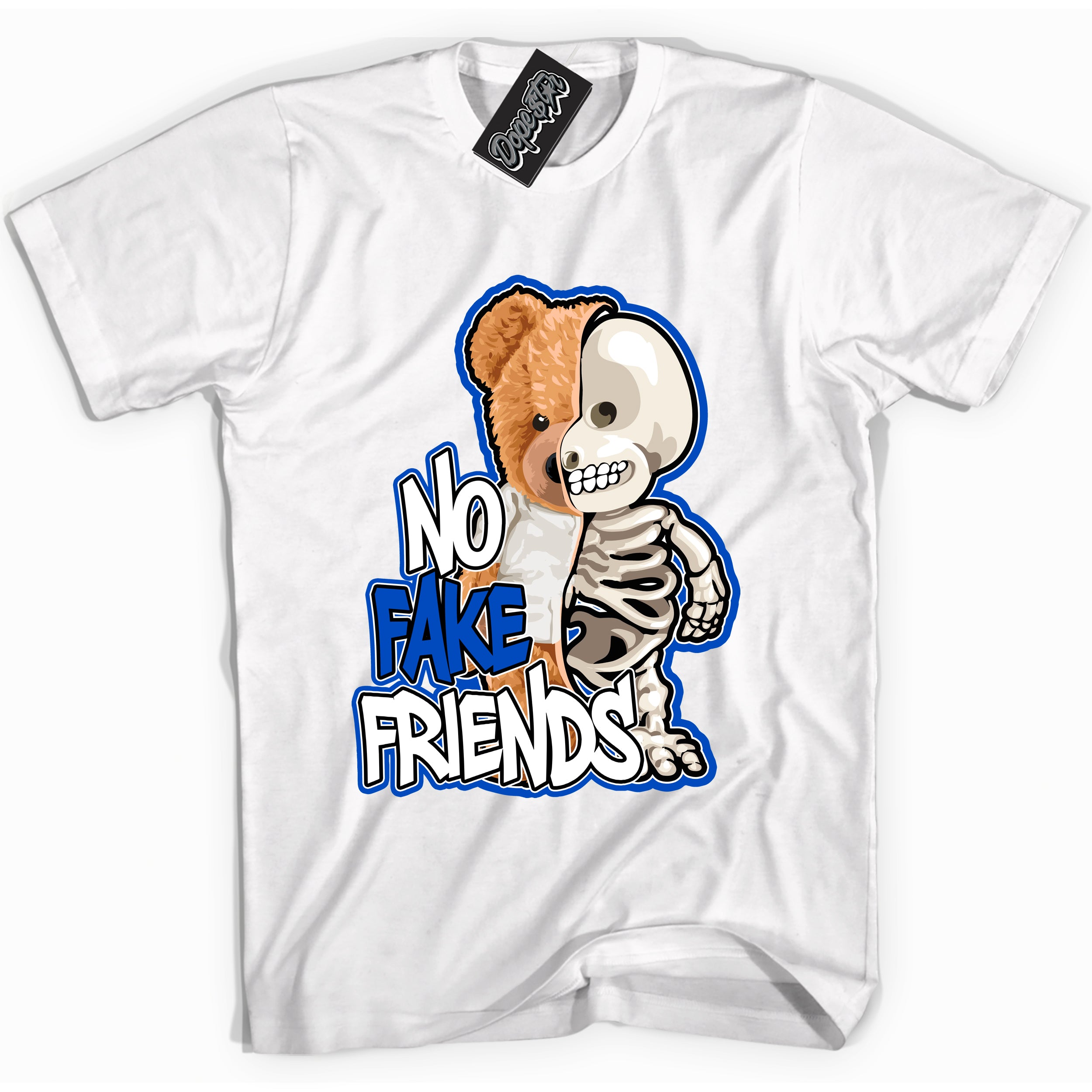 Cool White graphic tee with No Fake Friends print, that perfectly matches OG Royal Reimagined 1s sneakers 