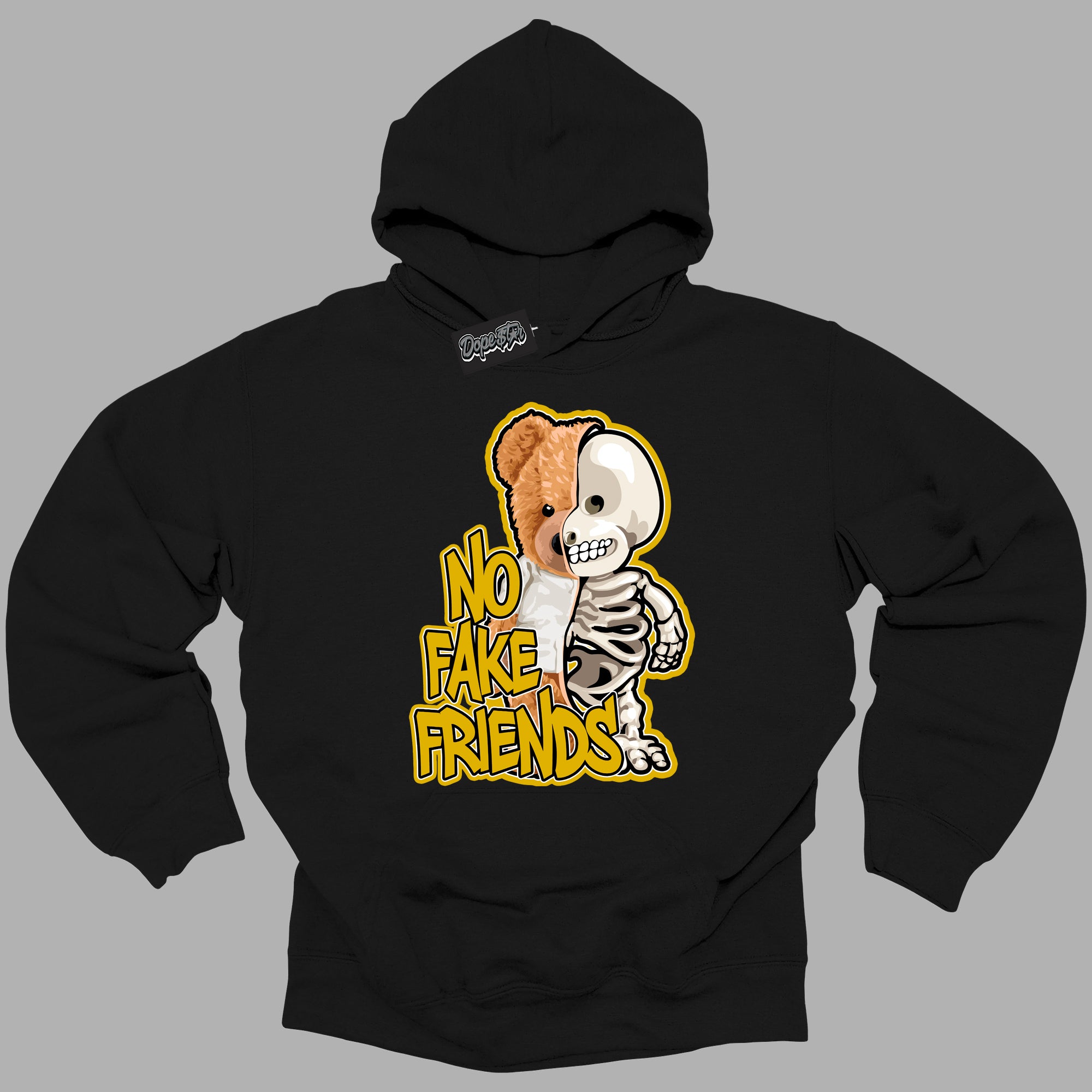 Cool Black Hoodie with “ No Fake Friends ”  design that Perfectly Matches Yellow Ochre 6s Sneakers.