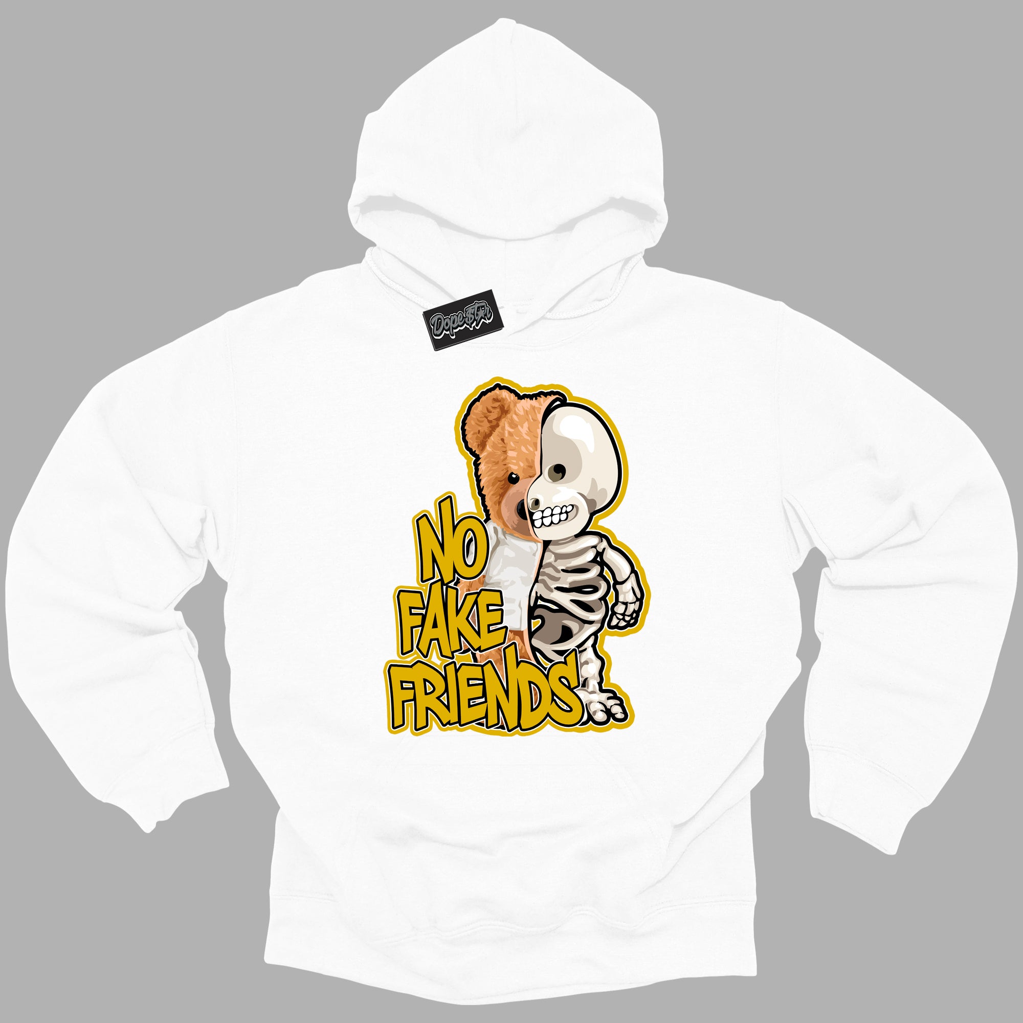 Cool White Hoodie with “ No Fake Friends ”  design that Perfectly Matches Yellow Ochre 6s Sneakers.