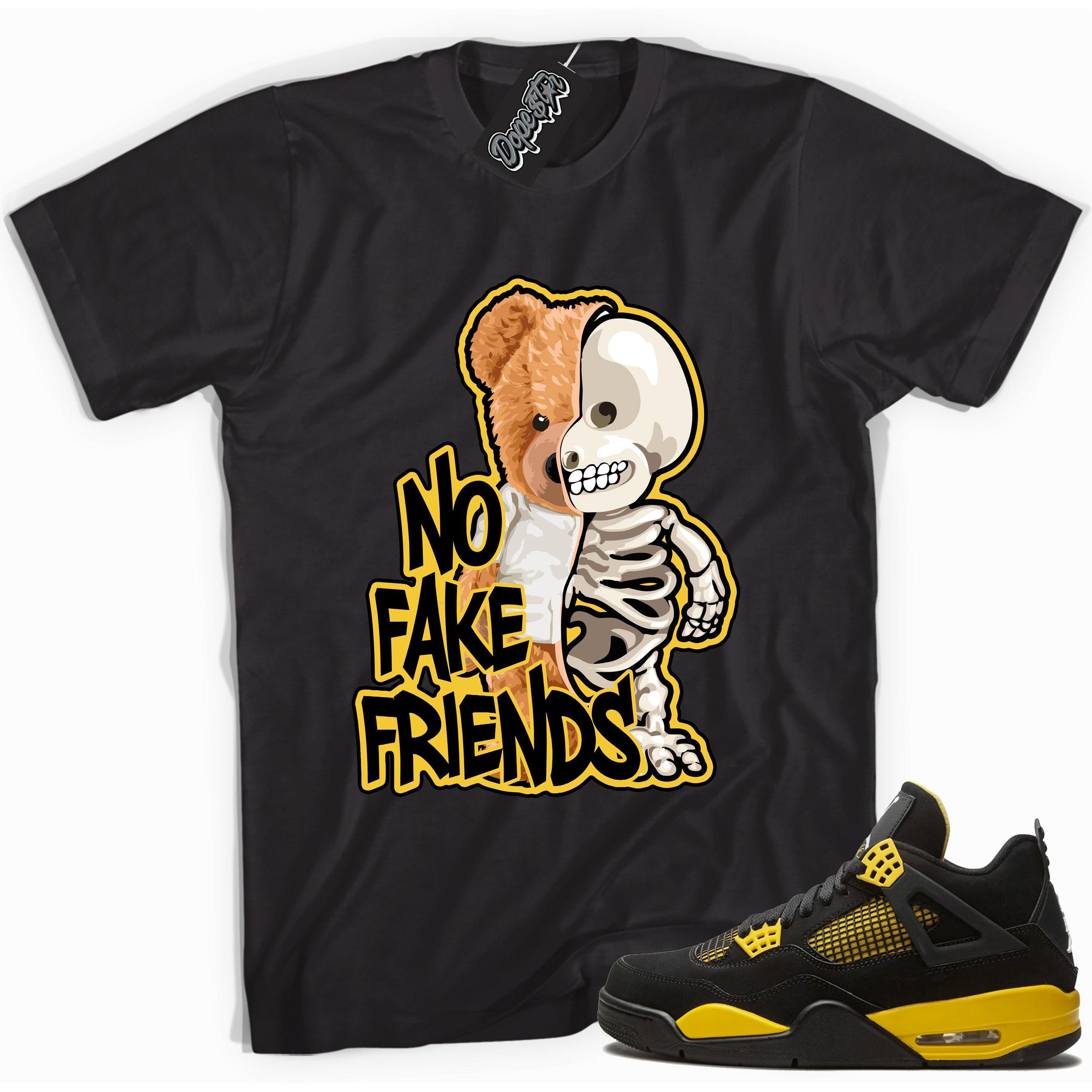 Cool black graphic tee with 'no fake friends' print, that perfectly matches  Air Jordan 4 Thunder sneakers