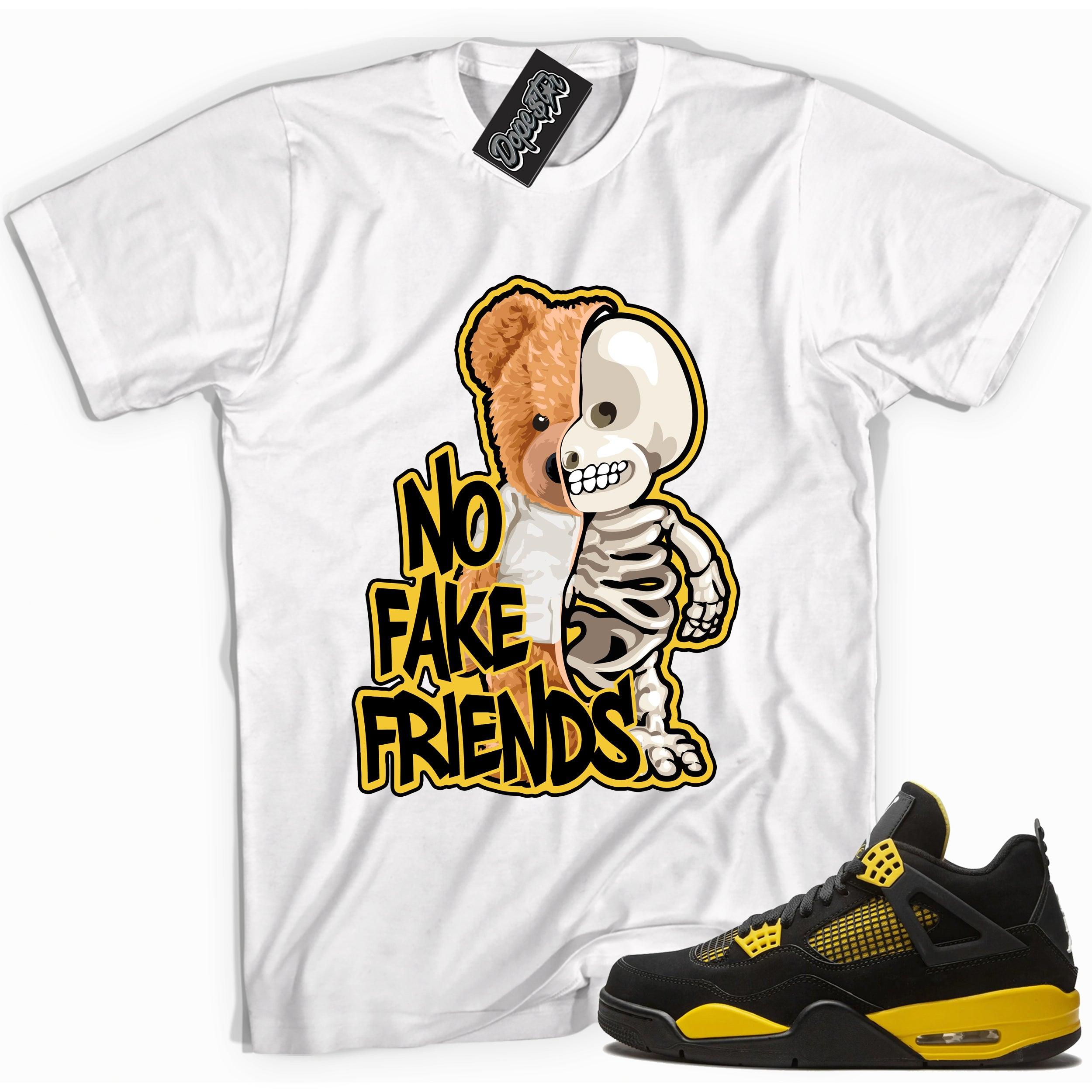 Cool white graphic tee with 'no fake friends' print, that perfectly matches Air Jordan 4 Thunder sneakers