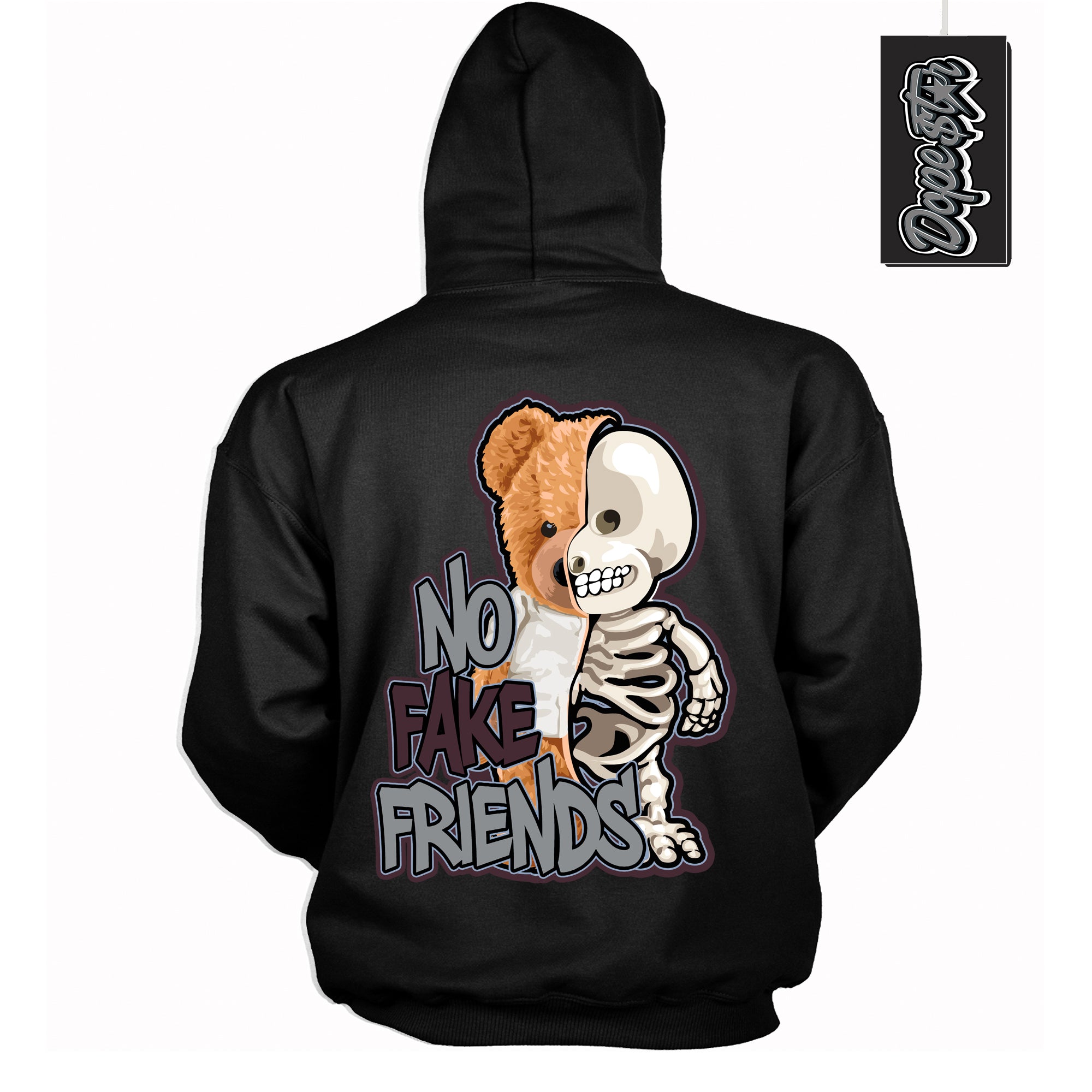 Cool Black Hoodie with “ No Fake Friends ”  design that Perfectly Matches Burgundy 5s Sneakers.