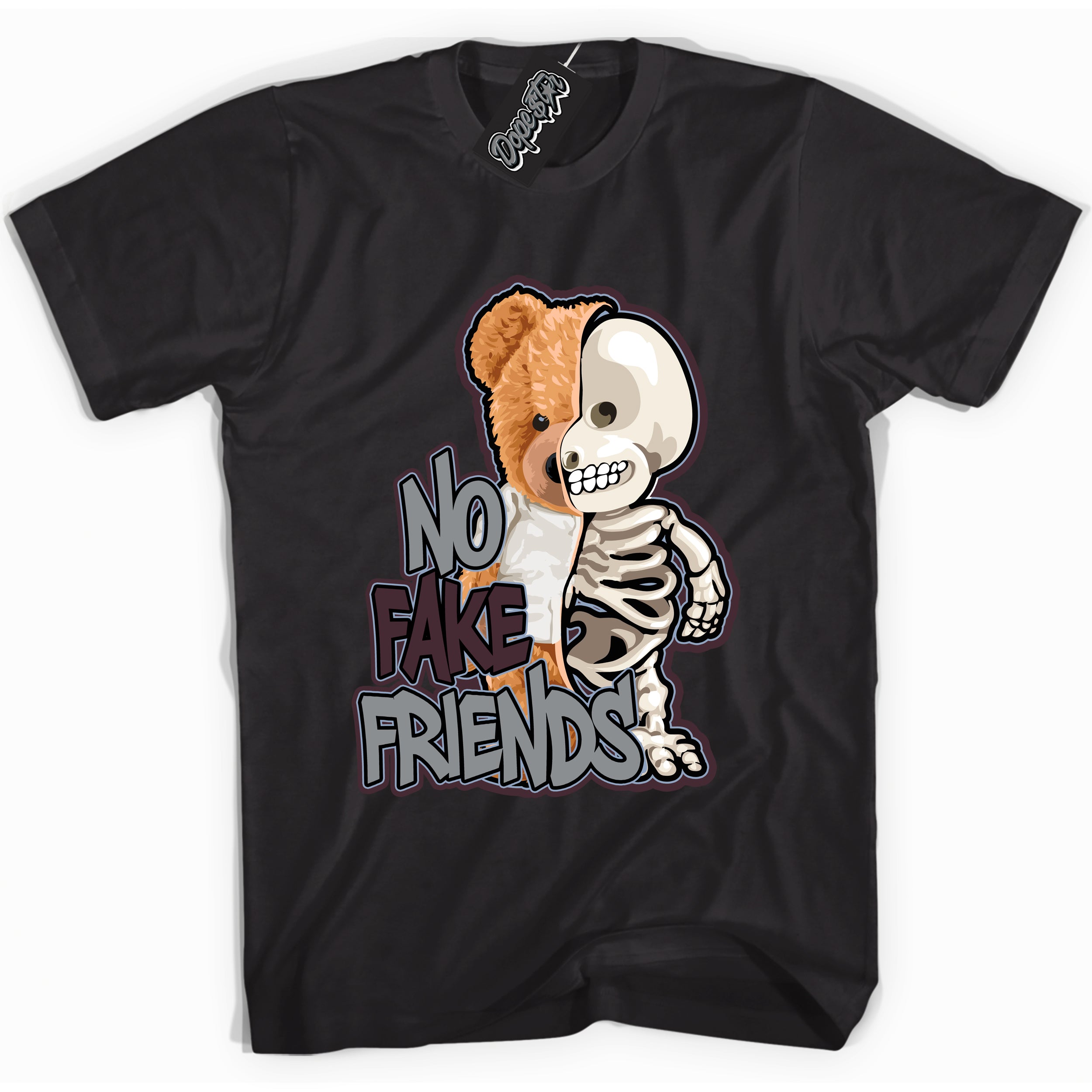 Cool Black Shirt with “ No Fake Friends” design that perfectly matches Burgundy 5s Sneakers.