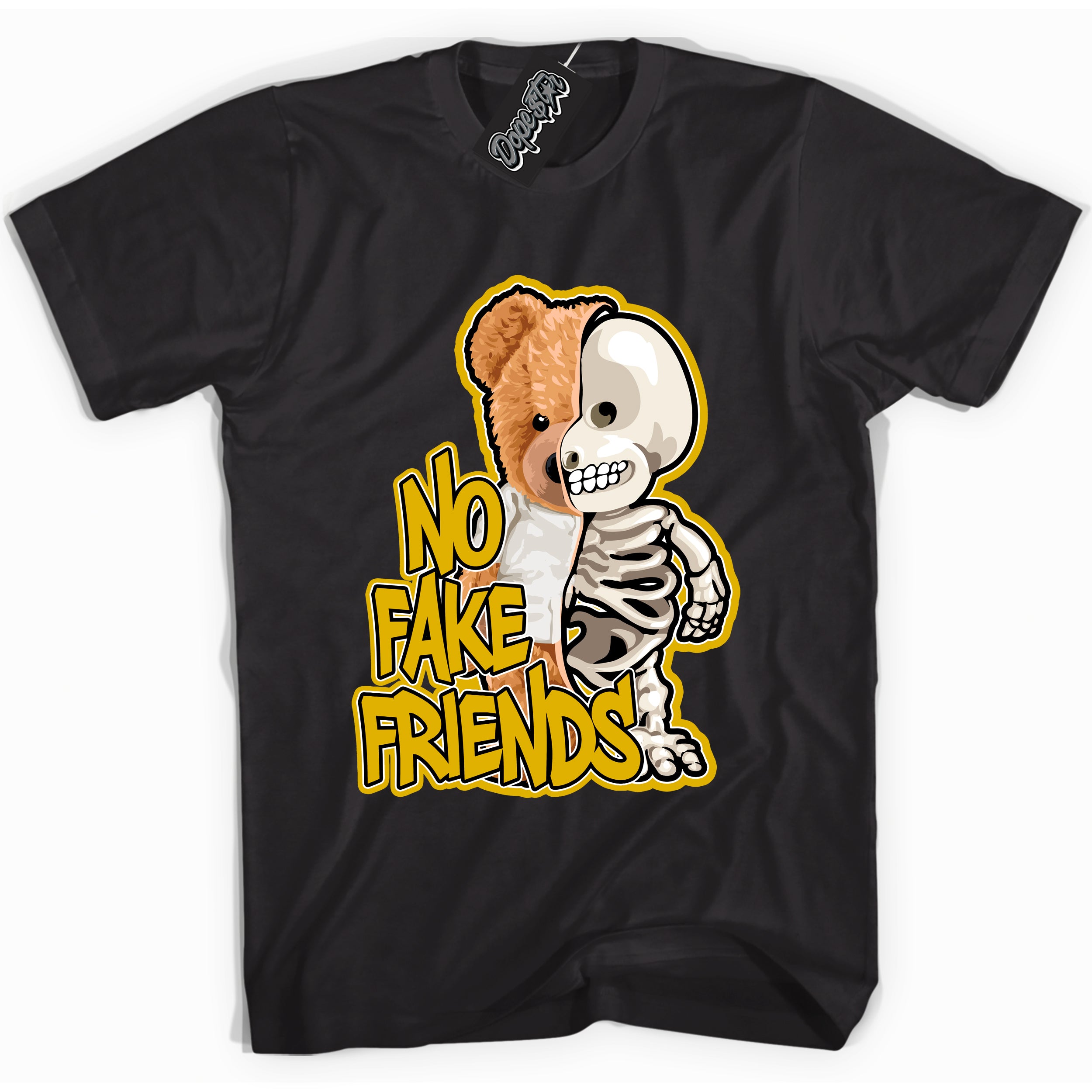 Cool Black Shirt with “ No Fake Friends” design that perfectly matches Yellow Ochre 6s Sneakers.
