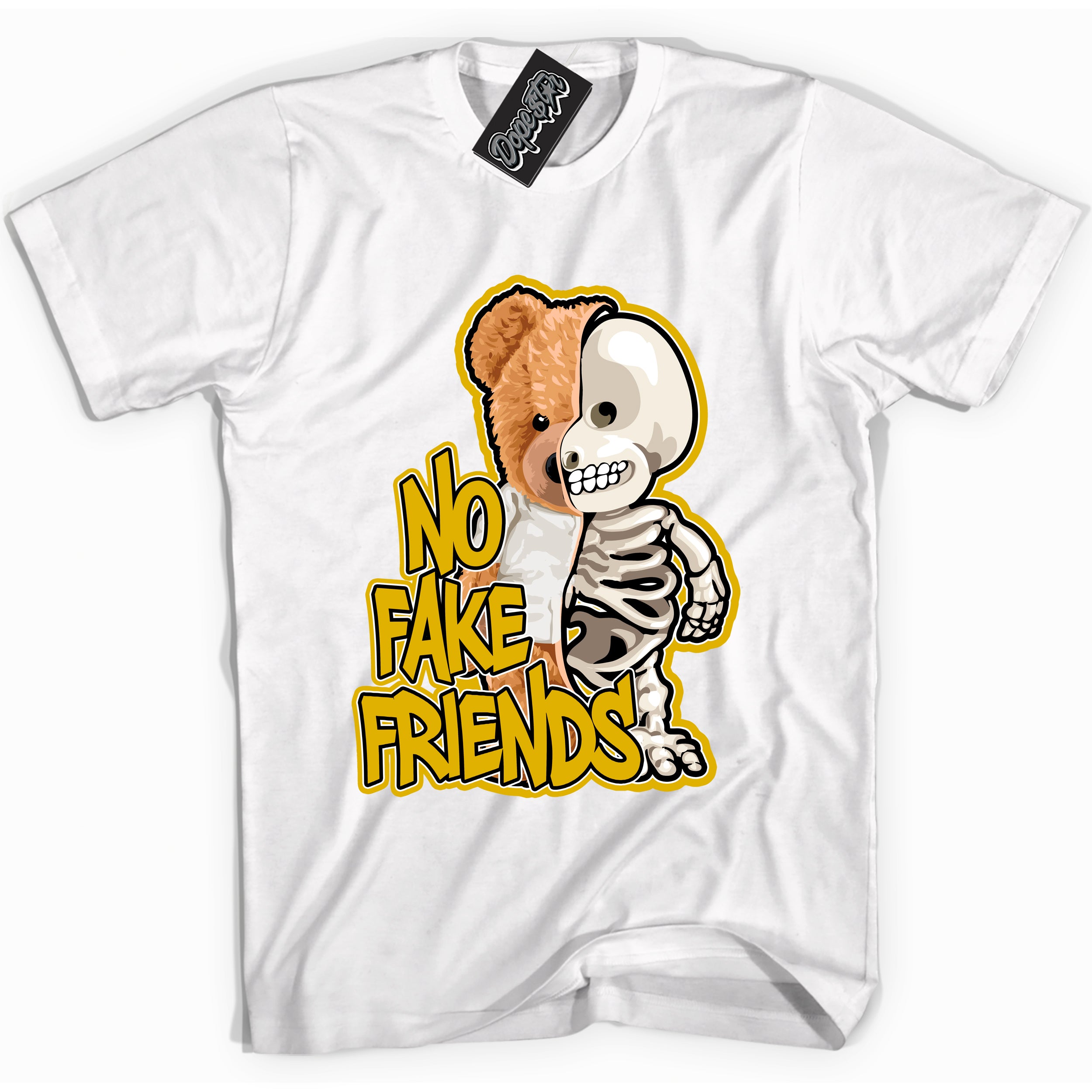 Cool White Shirt with “ No Fake Friends” design that perfectly matches Yellow Ochre 6s Sneakers.