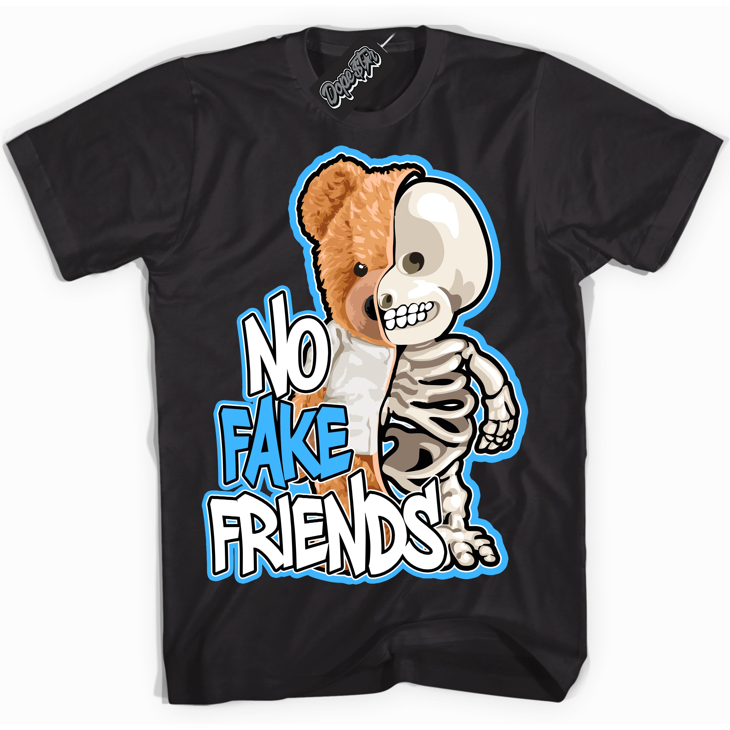 Cool Black graphic tee with “ No Fake Friends ” design, that perfectly matches Powder Blue 9s sneakers 