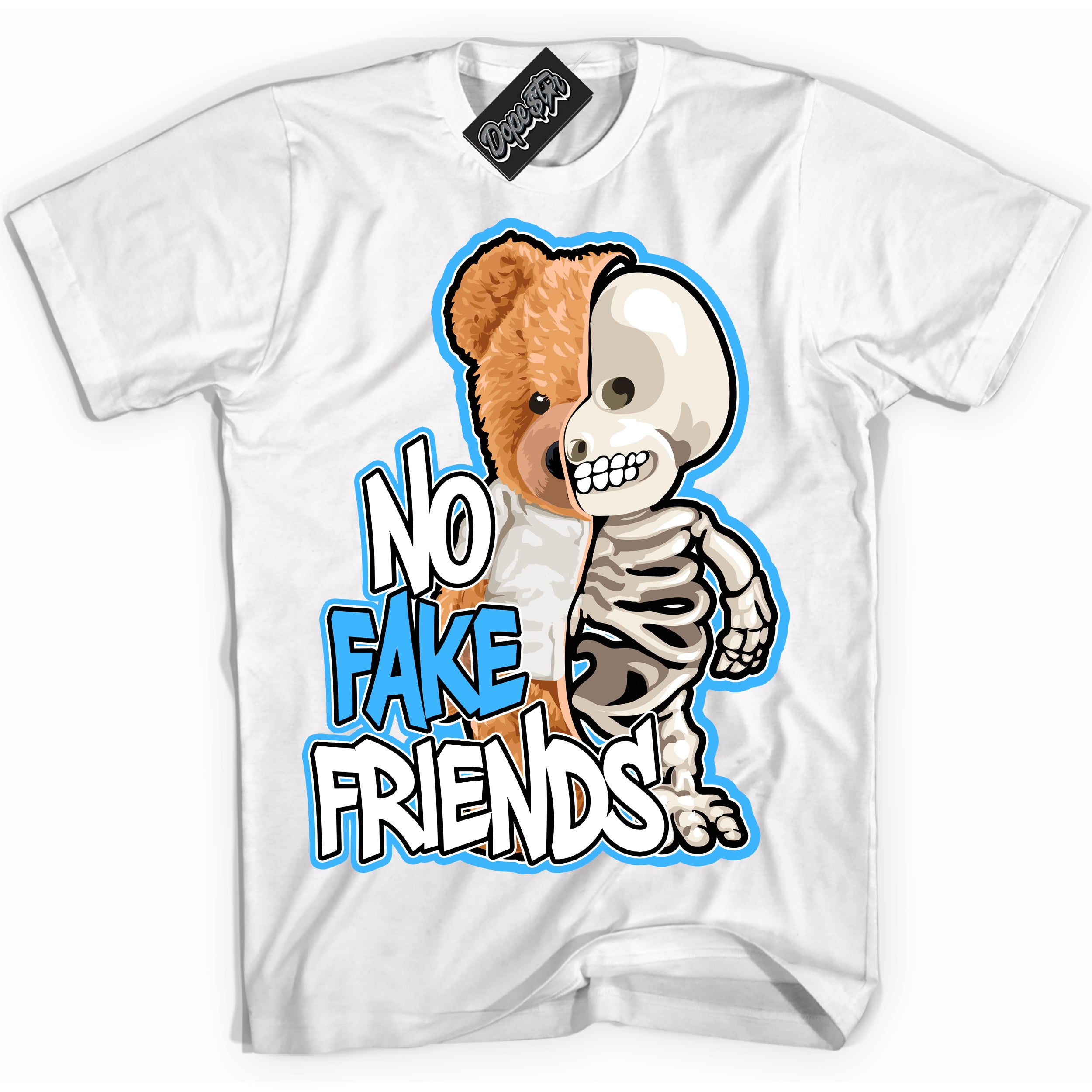 Cool White graphic tee with “ No Fake Friends ” design, that perfectly matches Powder Blue 9s sneakers 