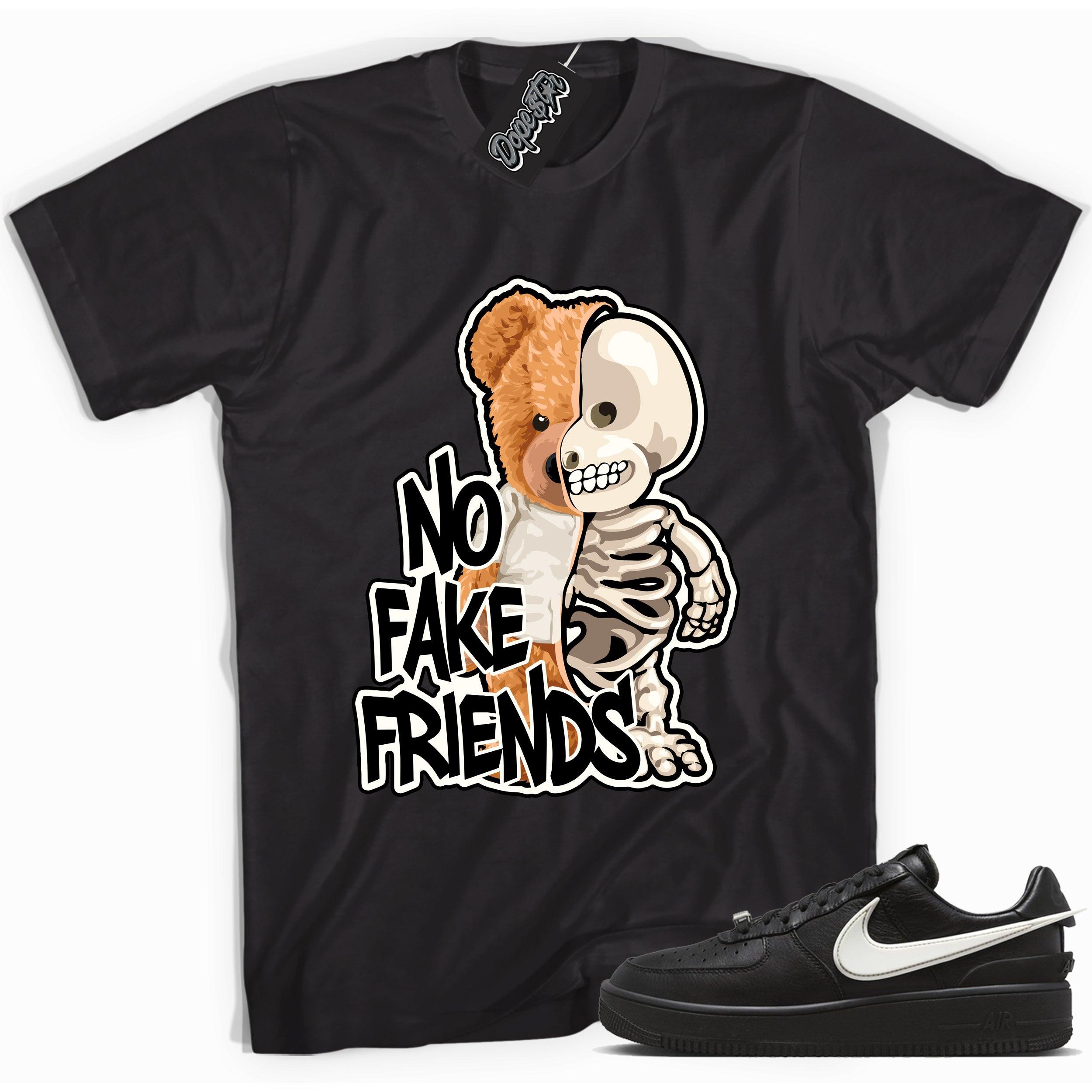 Cool black graphic tee with 'no fake friends skeleton bear' print, that perfectly matches Nike Air Force 1 Low SP Ambush Phantom sneakers.