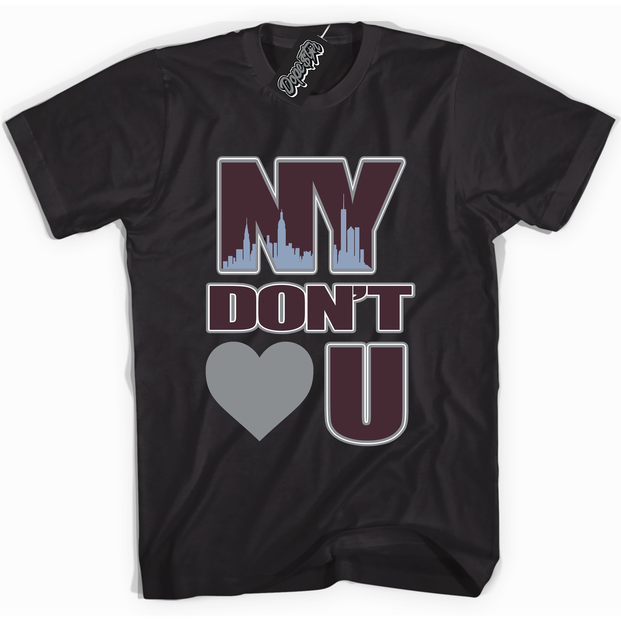 Cool Black Shirt with “ NY Don't Love You” design that perfectly matches Burgundy 5s Sneakers.